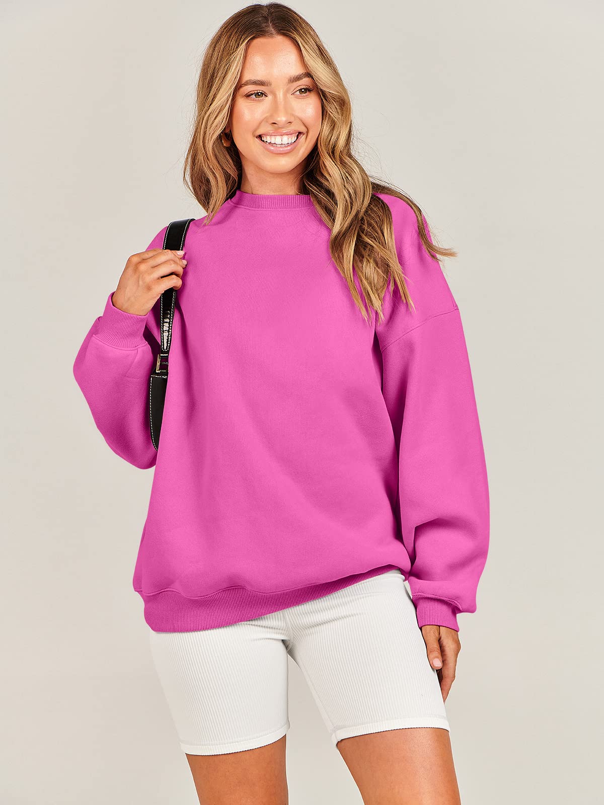 Damskie bluzy oversize bluzy z kapturem polar okrągły dekolt sweter top codzienne jesienne stroje preppy ubrania nastolatki 2024 A1019 światło, Jeden kolor, Pink_XL