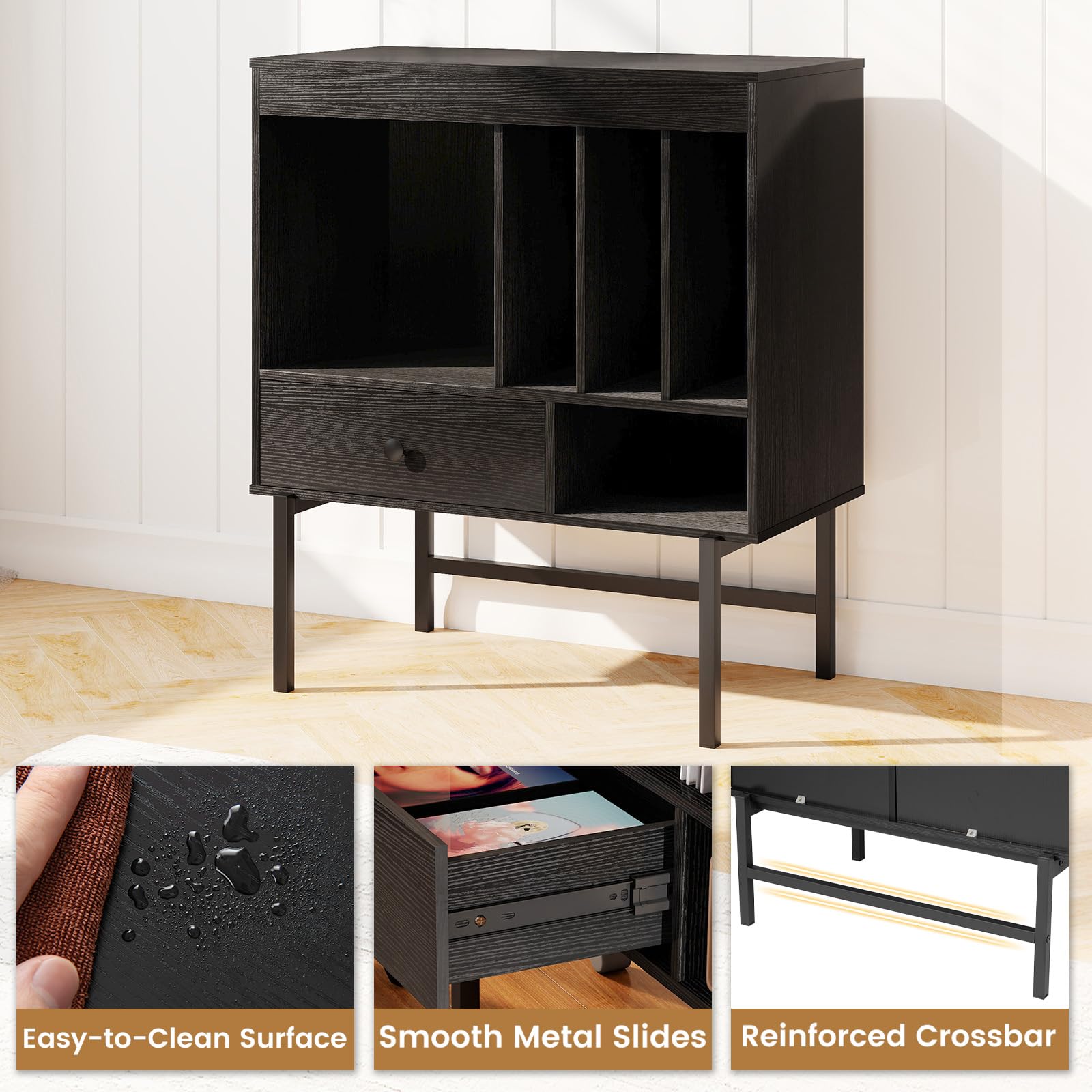 Supporto In Ferro Per Vinili E Riviste – Organizer Da Tavolo 30x22x18 Cm, Finitura Opaca Nera, Per Ufficio E Soggiorno