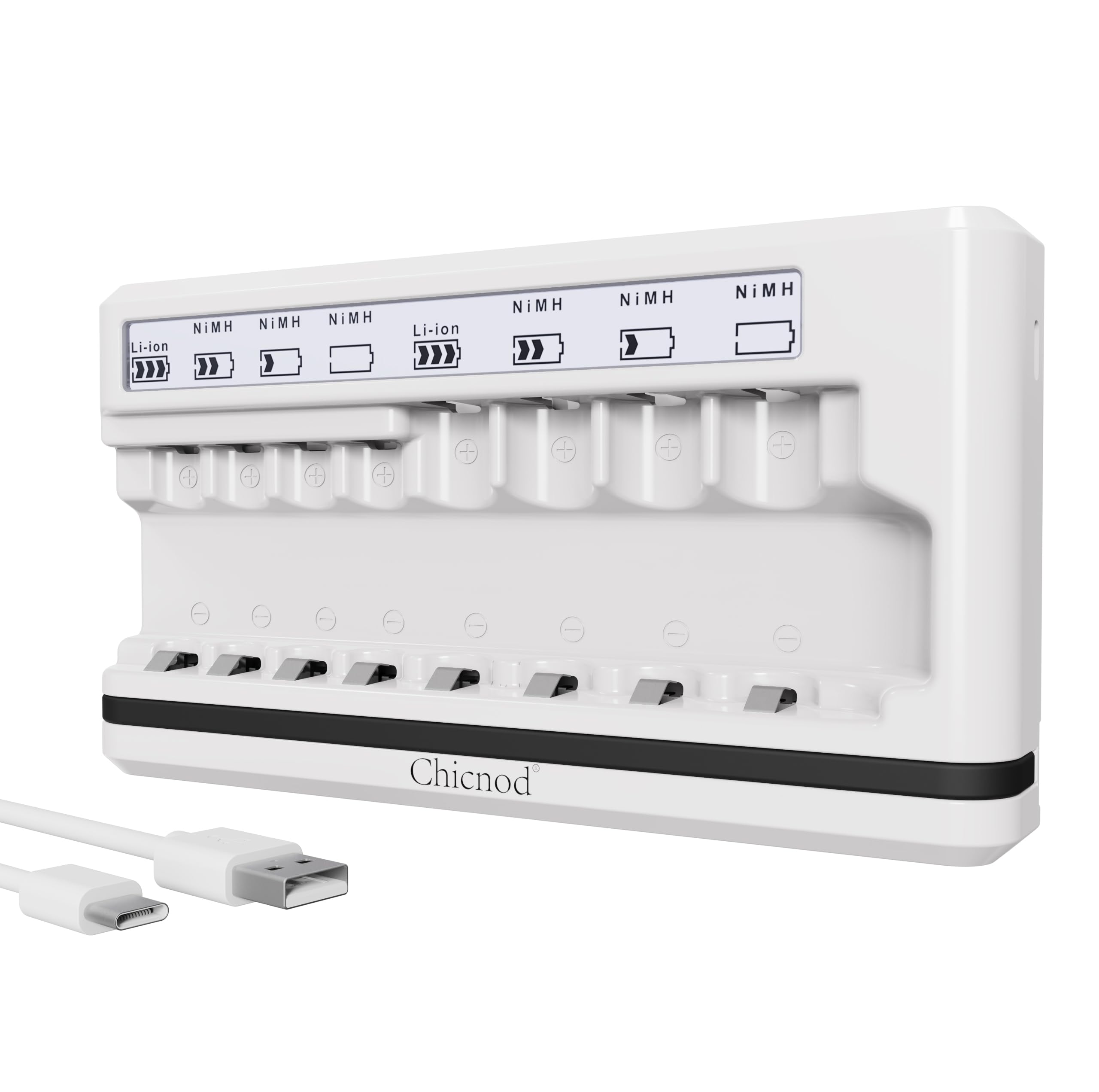 8 Bay Battery Charger for AA AAA, Lithium & Ni-MH Batteries with USB-C Cable, LCD Screen, Fast Charging & Safety Protection - Universal Charger for Home, Travel, and Devices