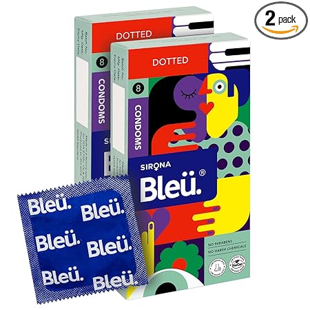 Bleu Dotted Condoms for Men - 8 Count (Pack of 2) | Extra Dots for Her Extra Stimulation | Vegan, Toxin Free & 100% Natural Latex