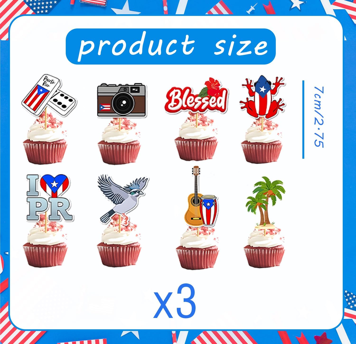25PCS Puerto Rico Glitter Cake Topper Puerto Rican Party Decoration Puerto Rican Cake Decor Frog Cigar Rapper Theme Vintage Car Cake Table Decor for Patriotic Festival National Day Supplies - Image 3