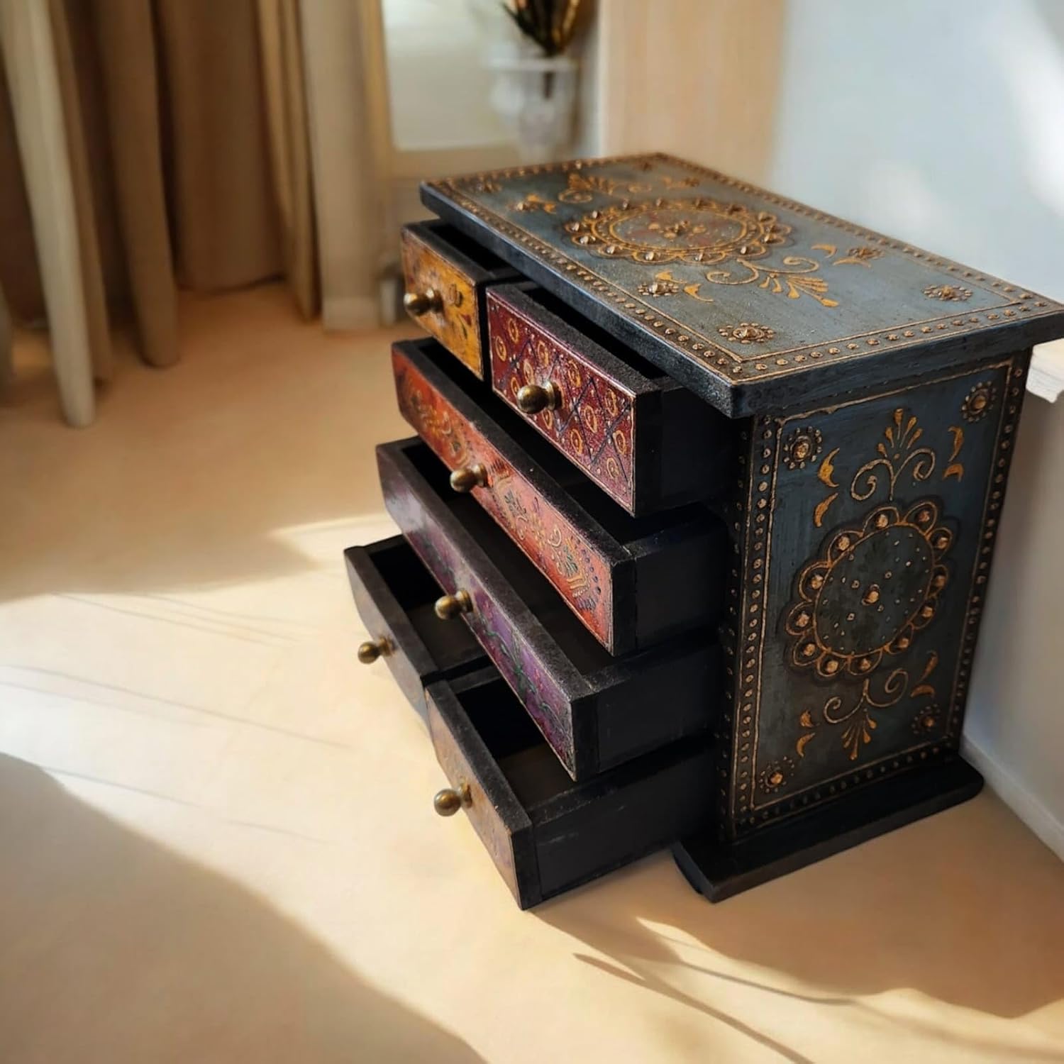 Small Wooden Hand Painted Drawer Ethnic Chest of Drawers Jewellery Box Wooden Box Trinket Box Girl's Gift Boho Style New