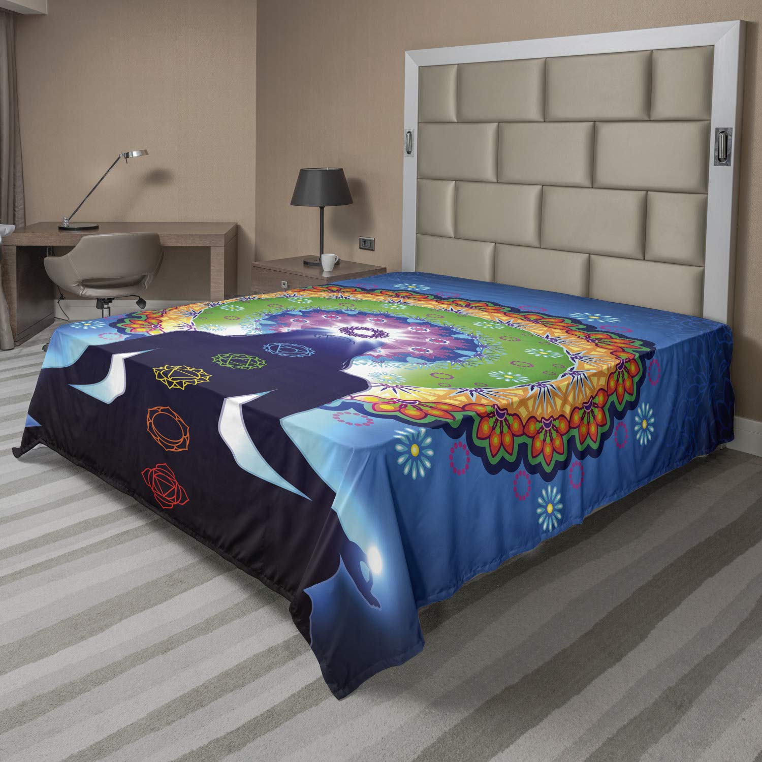 Ambesonne Colorful Flat Sheet, Silhouette of Woman Doing Yoga with Vertical Blending Effects and Mesh Peace Motif, Soft Comfortable Top Sheet Decorative Bedding 1 Piece, King Size, Multicolor