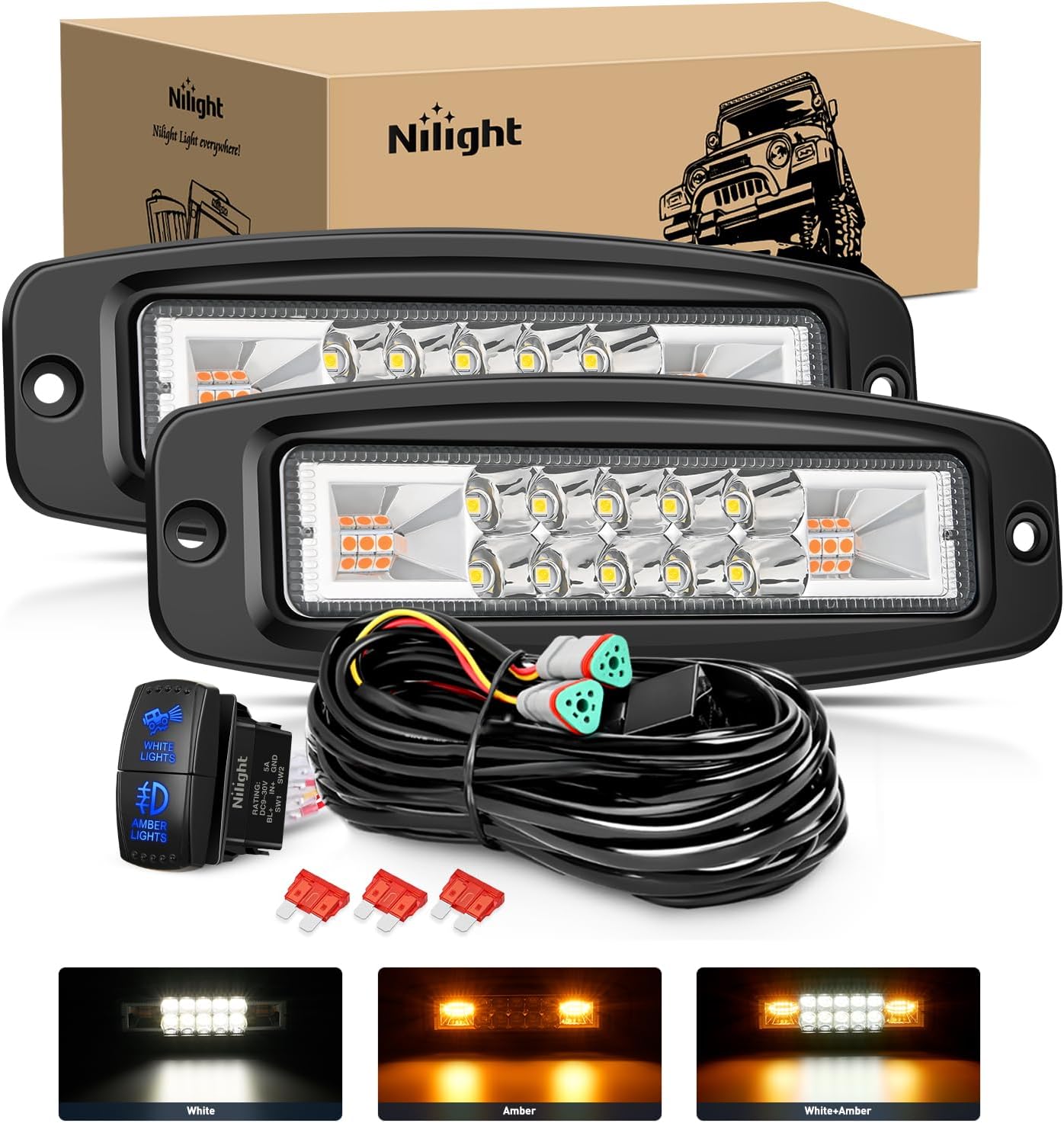 Nilight Marine Led Light Bar 2PCS 18w White 150° Flood Beams Ponton Boat Deck Dock Lights IP67 Waterproof for Night Fishing T-top Stern Yacht Kayak Port Sailboat