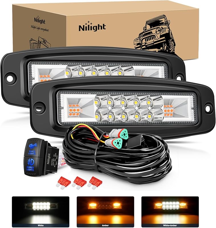 Kit 2 Faróis de Trabalho LED Nilight Flush Mount 60 W, Âmbar e Branco, Spot/Flood – Modelo ZH559