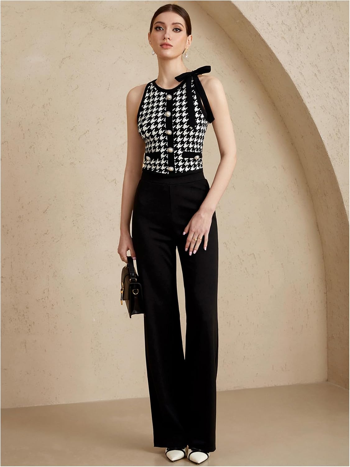 Women's Houndstooth Print Bow Tank Top Crew Neck Sleeveless Button Front Elegant Crop Tops - Image 5