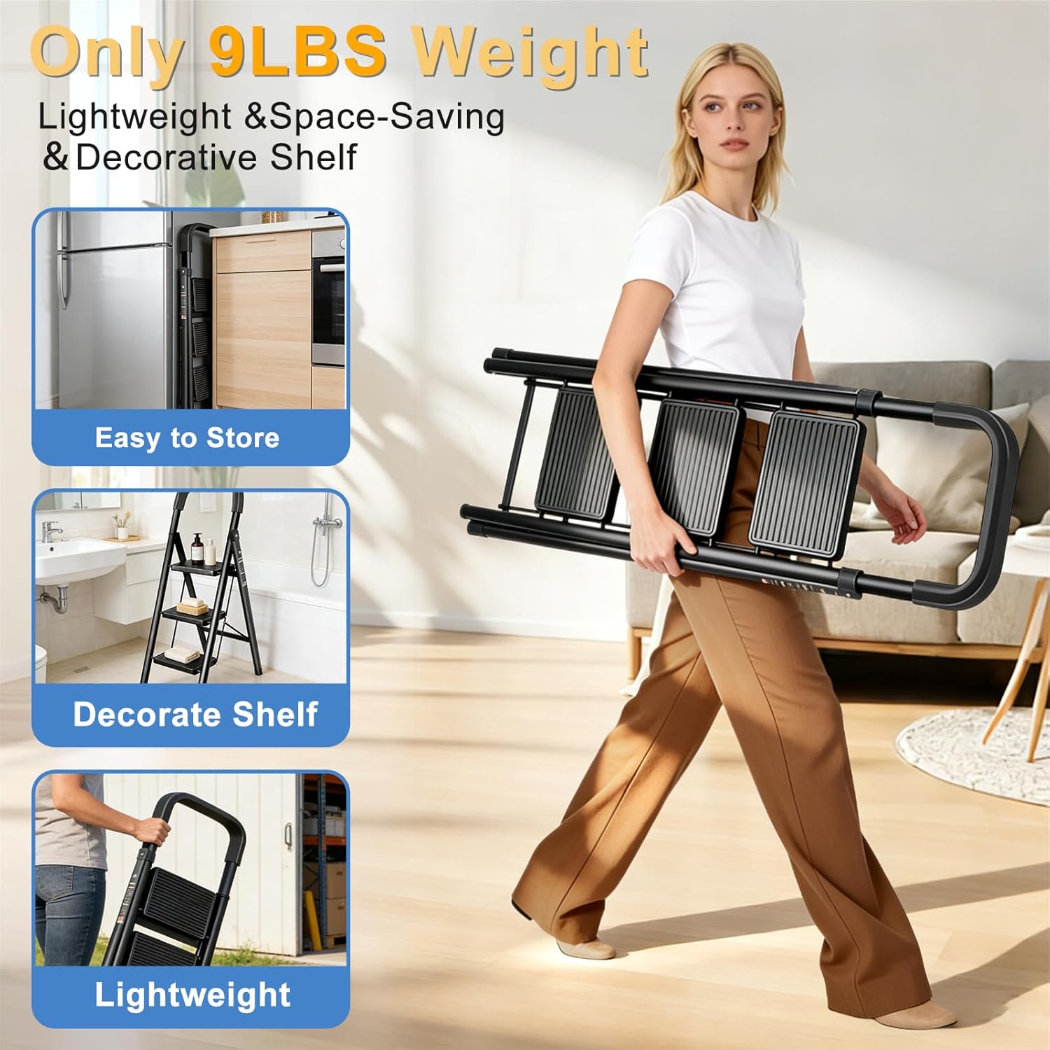 3 Step Ladder Folding Step Stool with Handrail 500LBS Capacity Sturdy Carbon Steel Frame Anti-Slip Pedal & Feet Portable for Home Kitchen Garage Bathroom (black-3step)