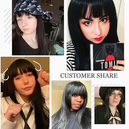 Miniatura 6 de COSPLAZA Peluca de cosplay larga y recta plana con flequillo sintético cabello negro animé