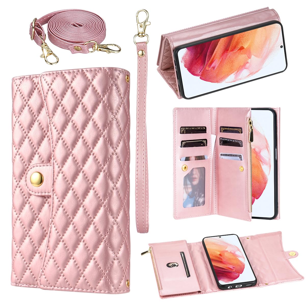 Asuwish Phone Case for Samsung Galaxy S22 Plus S22+ 5G Wallet Cover with Wrist Strap Leather Flip Zipper Credit Card Holder Accessories Slot Stand Cell S22+5G S22plus 22S + S 22 22+ Women Rose Gold