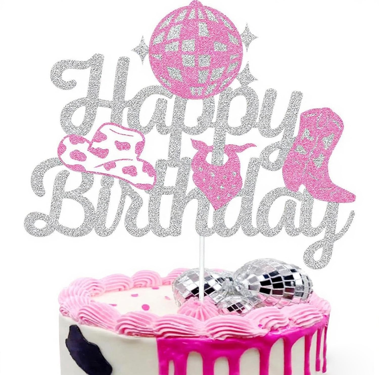 Cowgirl Birthday Cake Toppers - RETWOT 1 Pack Glitter Happy Birthday western cowgirl birthday party decorations for Rodeo Theme Girls Party Supplies, for our Western themed party buns