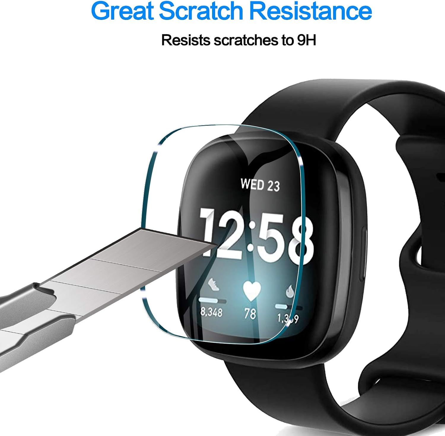 [4 Pack] Compatible for Fitbit Versa 3 / Fitbit Sense Screen Protector Tempered Glass, YMHML Waterproof 9H Hardness Crystal Clear [No-Bubble] Anti- Scratch Easy Installation Film