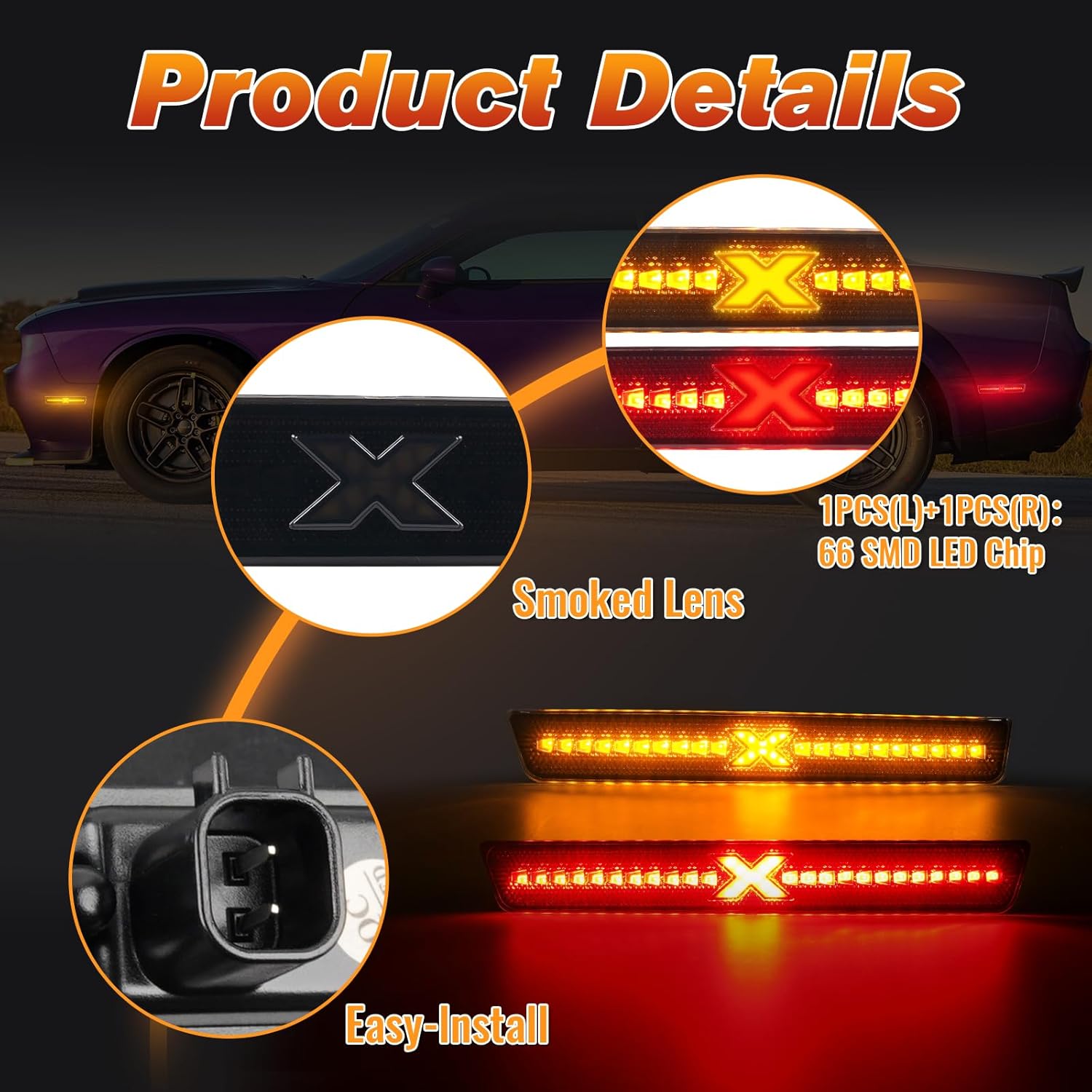 LED Side Marker Lights Amber & Red for Dodge Challenger 2015-2020, Front & Rear Bumper Side Markers Lamps Smoked Len, 4PCS (Xstyle Spirit Snake Series - Patent Pending)