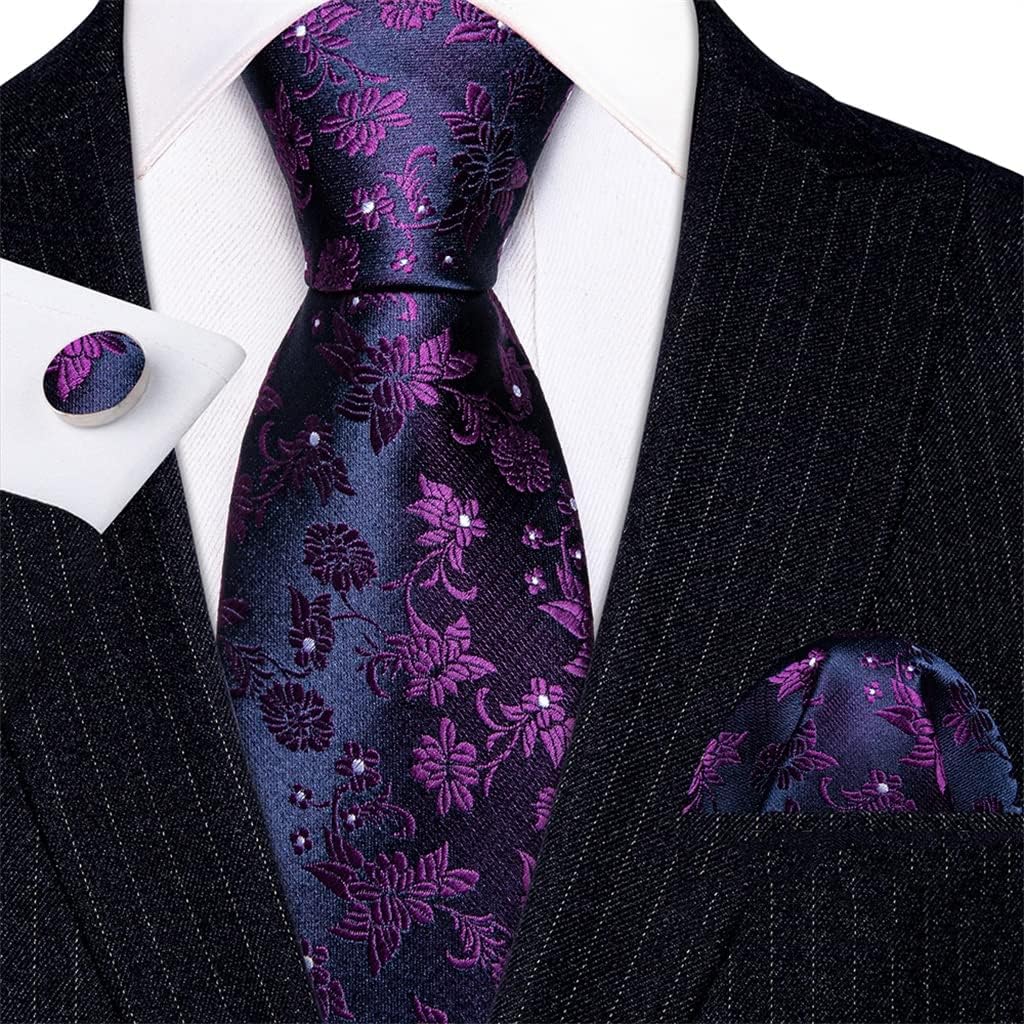 Men's Tie Deep Floral Wedding Tie Pocket Square Cufflinks Set