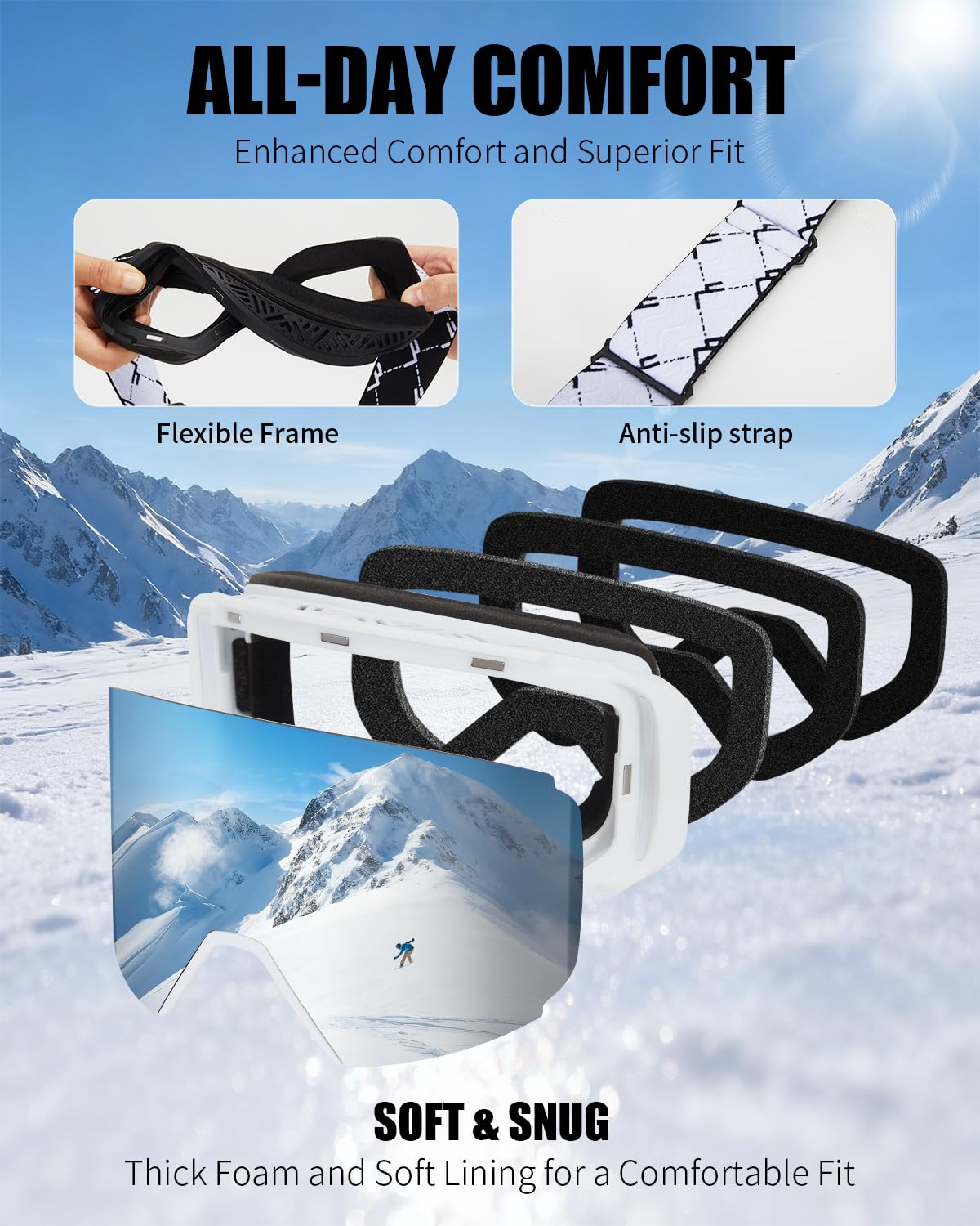VCOROS Magnetyczne gogle narciarskie z szybką wymianą soczewki, konstrukcja OTG, przeciwmgielne, ochrona UV400, gogle snowboardowe