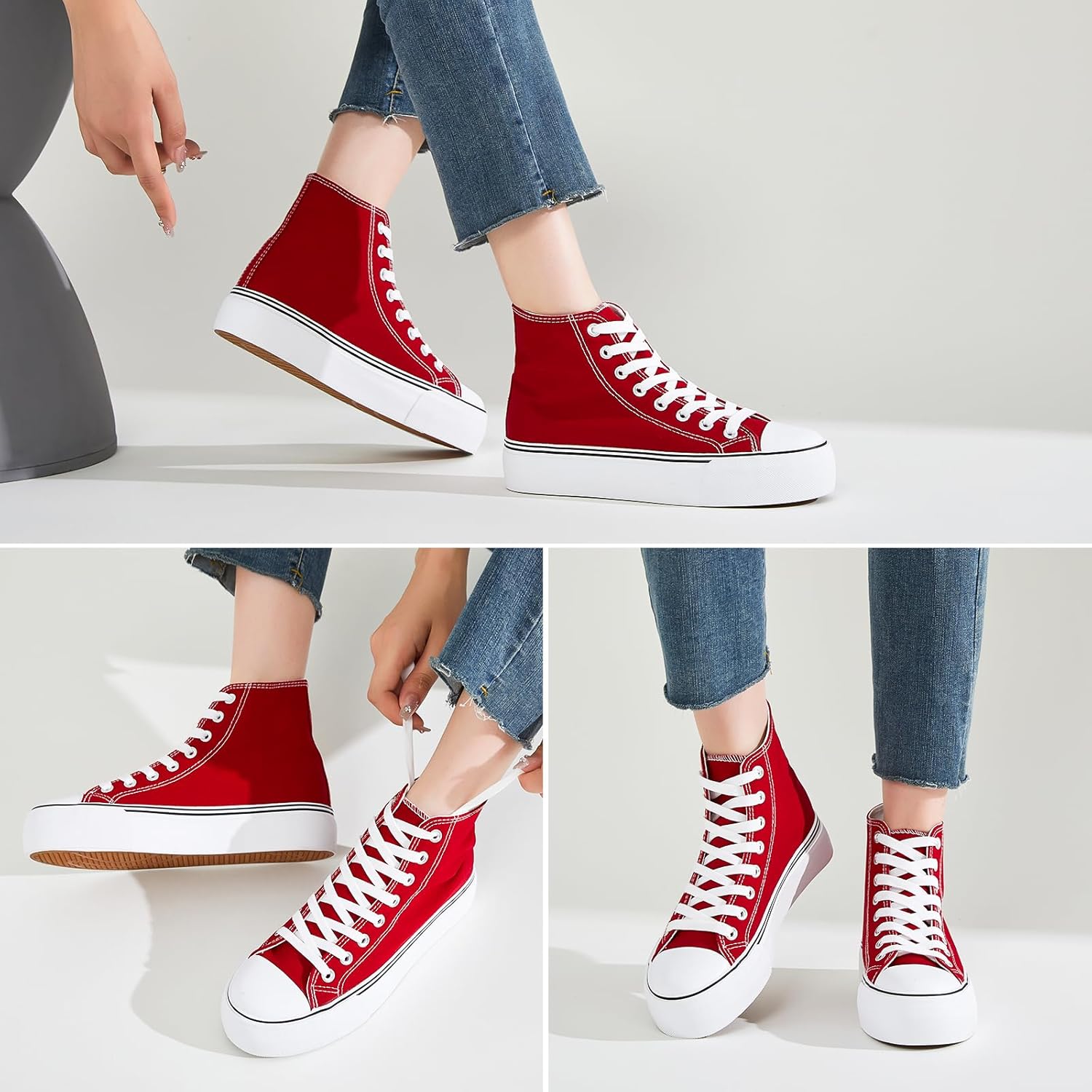 FRACORA Womens High Top Canvas Shoes White Black Platform Sneakers Lace Up Shoes for Women - Image 2