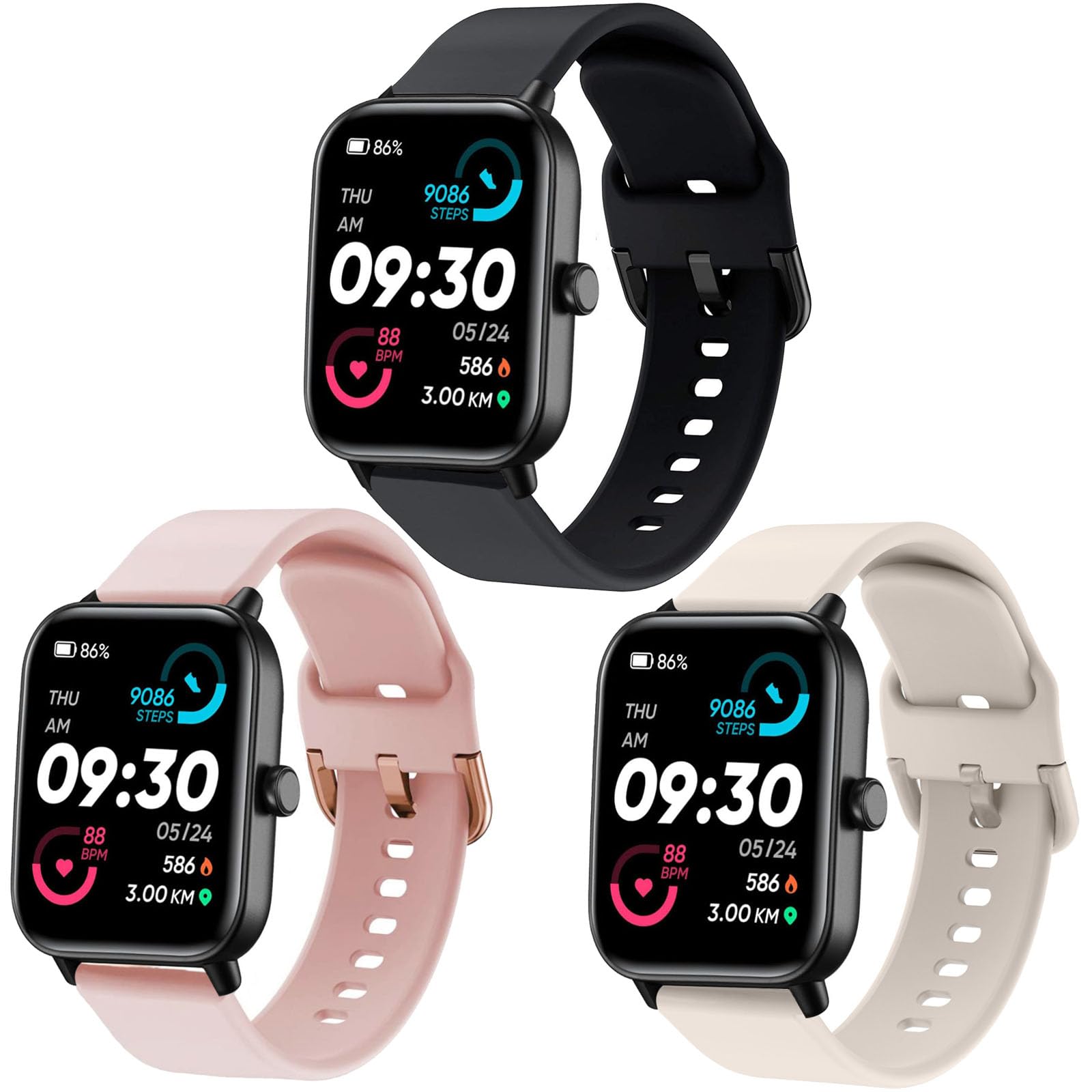 ViCRiOR Paquete de 3 correas compatibles con Woneligo/Fitpolo Smart Watch IDW13, correa de repuesto de silicona suave de 22 mm para reloj FITVII H56/ENOMIR ID208BT/TOOBUR IDW16/MILOUZ IDW19 para