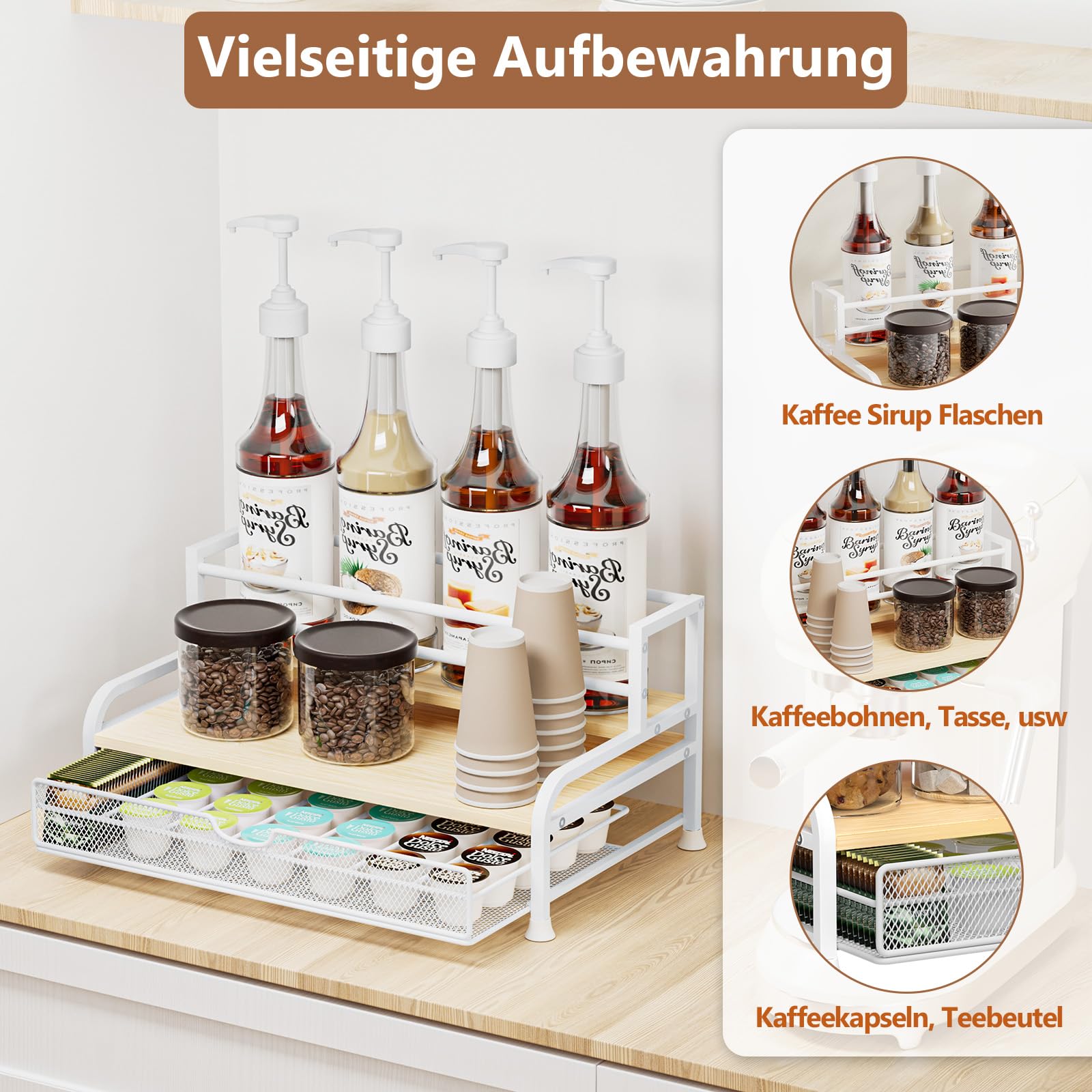 Kaffeekapselhalter für Nespresso Kapsel Organizer von 35 Kapseln, 3-Tier Sirup Regal für 8 Flaschen, Dolce Gusto Kaffee Halter für Sirup, Wein, 