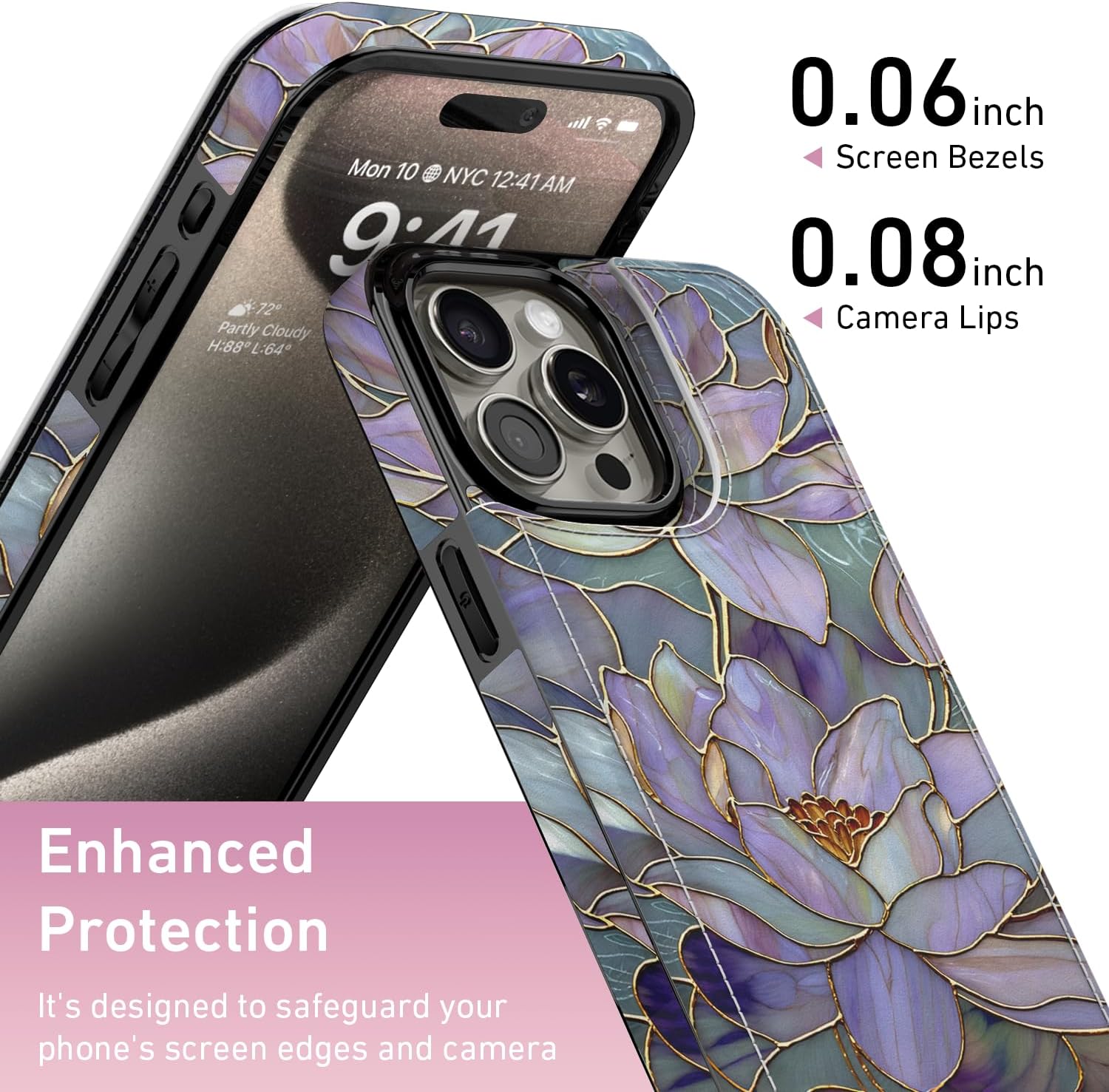 FUNMIKO for iPhone 15 Pro Max Wallet Case with Card Holder, RFID-Blocking, Military-Grade Protection & UV-Printed Artwork, Magnetic Closure with Leather Kickstand - Dreamy Lotus - Image 3