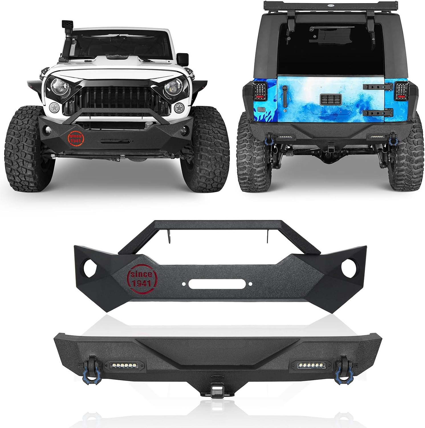 Hooke Road Wrangler JK Stubby Front Bumper + Rear Bumper Combo Compatible with Jeep Wrangler JK & Unlimited 2007-2018