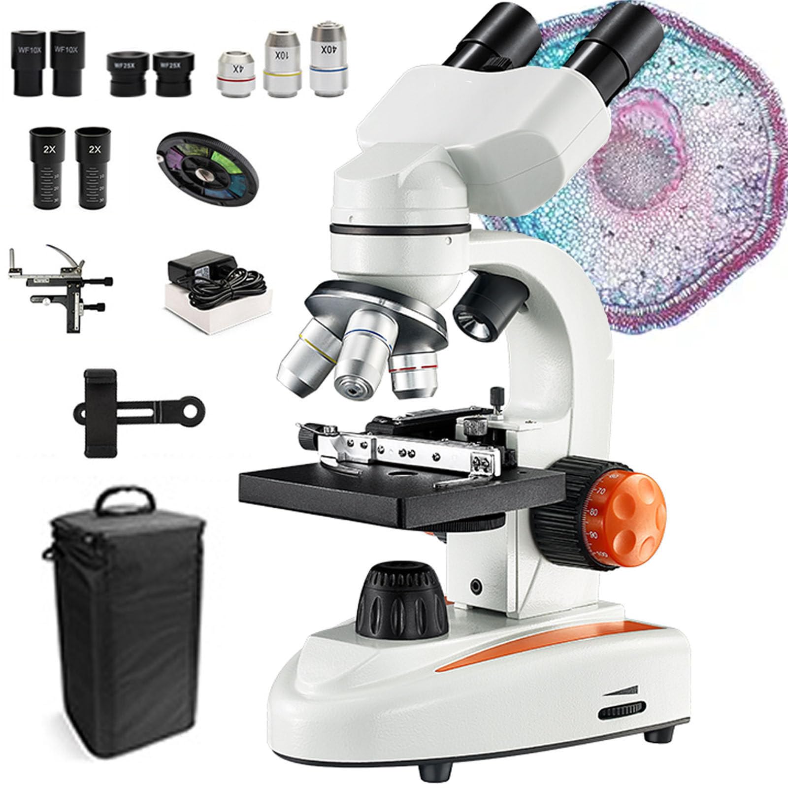 40x-2000x Binocular Compound Lab Microscope W/10x 25x Eyepieces,Double Layer Mechanical Stage&Dual Led Illumination+Shockproof Bag+Phone Holder,White