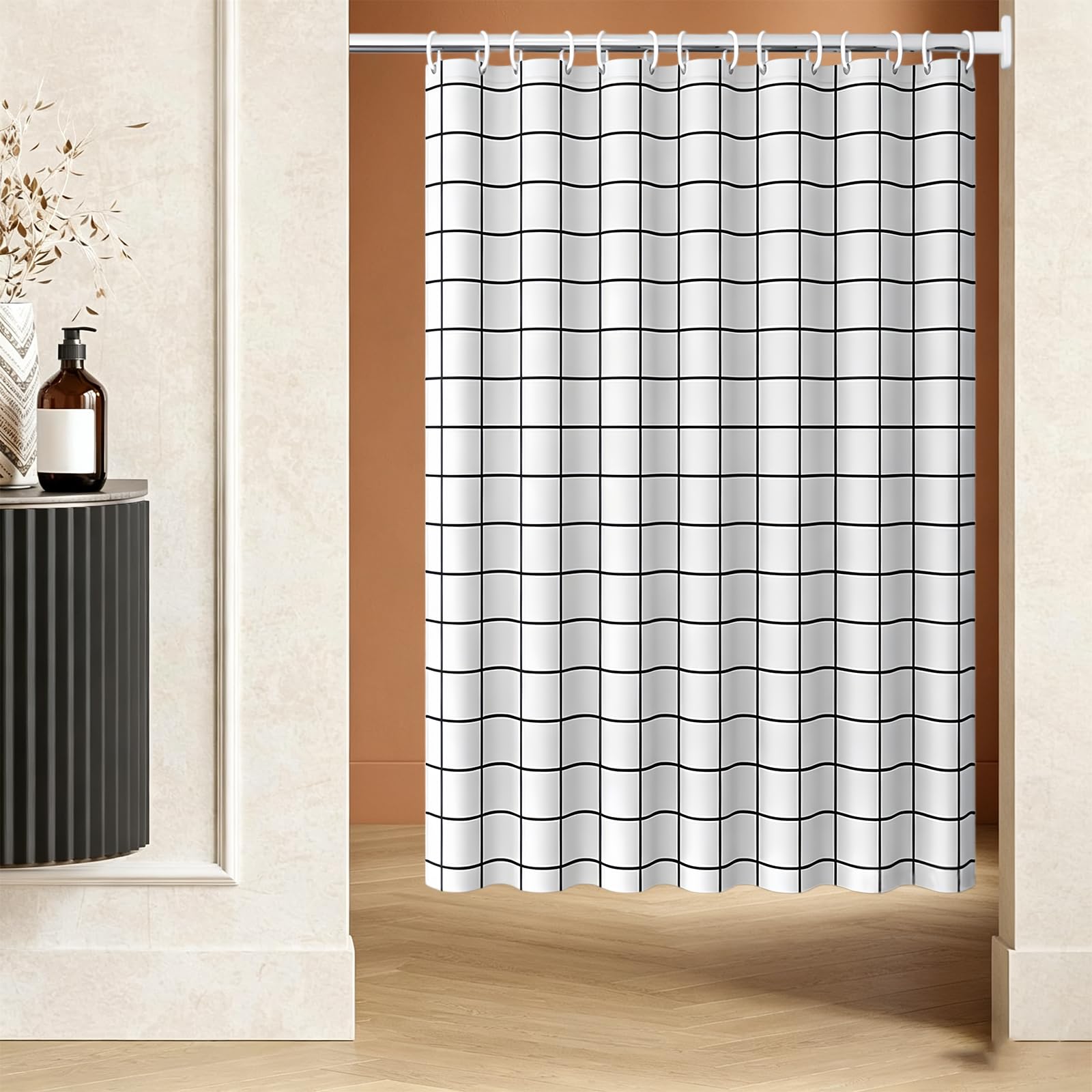 Rideau de Douche 120 x 200 cm Rideau de Douche Court pour Salle de Bain Petit Tissu Polyester, Anti Moisissure, Imperméable Lavable en Machine, avec Œillets et Crochets, carré