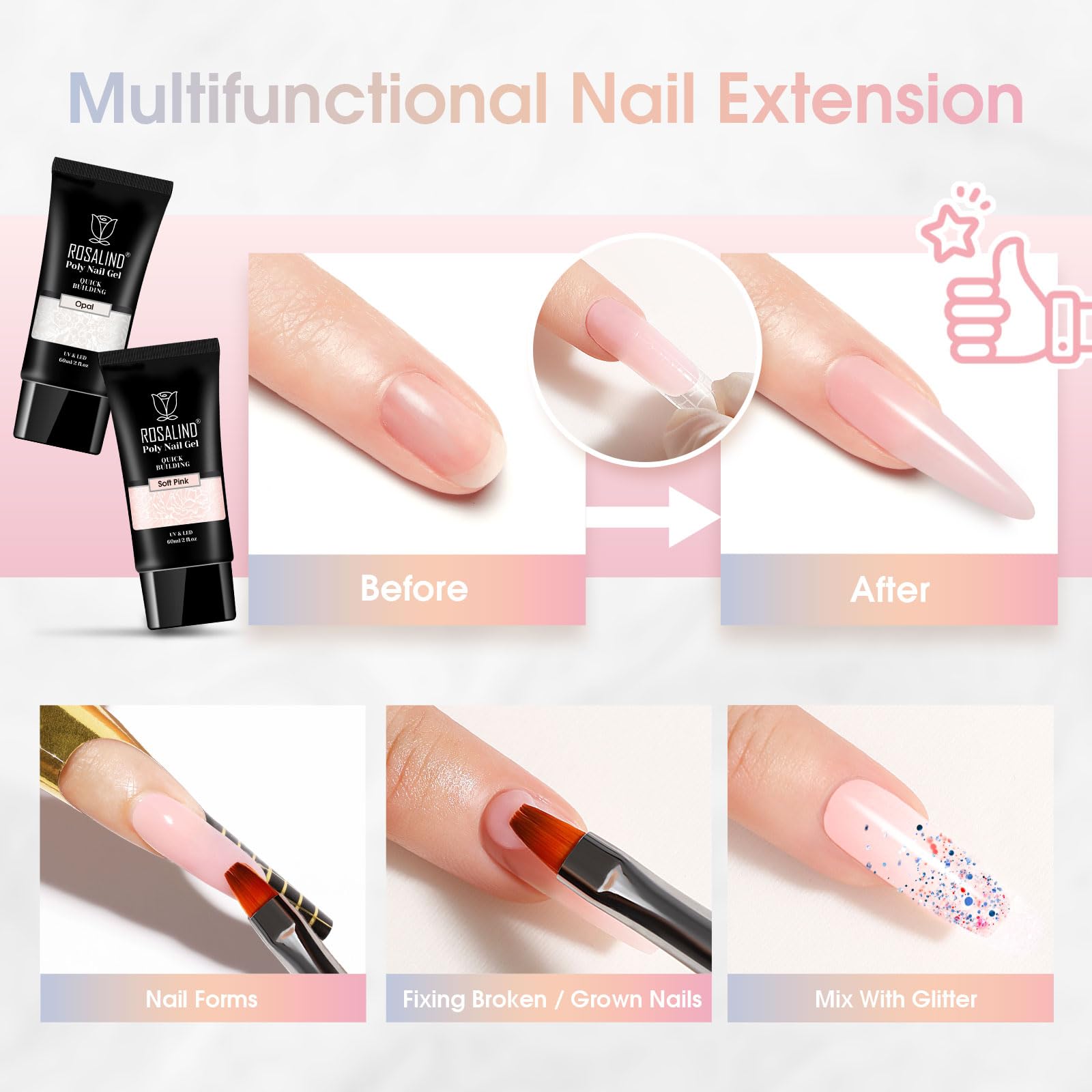 ROSALIND Rosa Bianco gel Unghie 2 Colori 60ml Pink White Acrylic Poly Nail Extention Estensione Smalti per Unghie Rapida Stampo Finger per Saloni Nail DIY