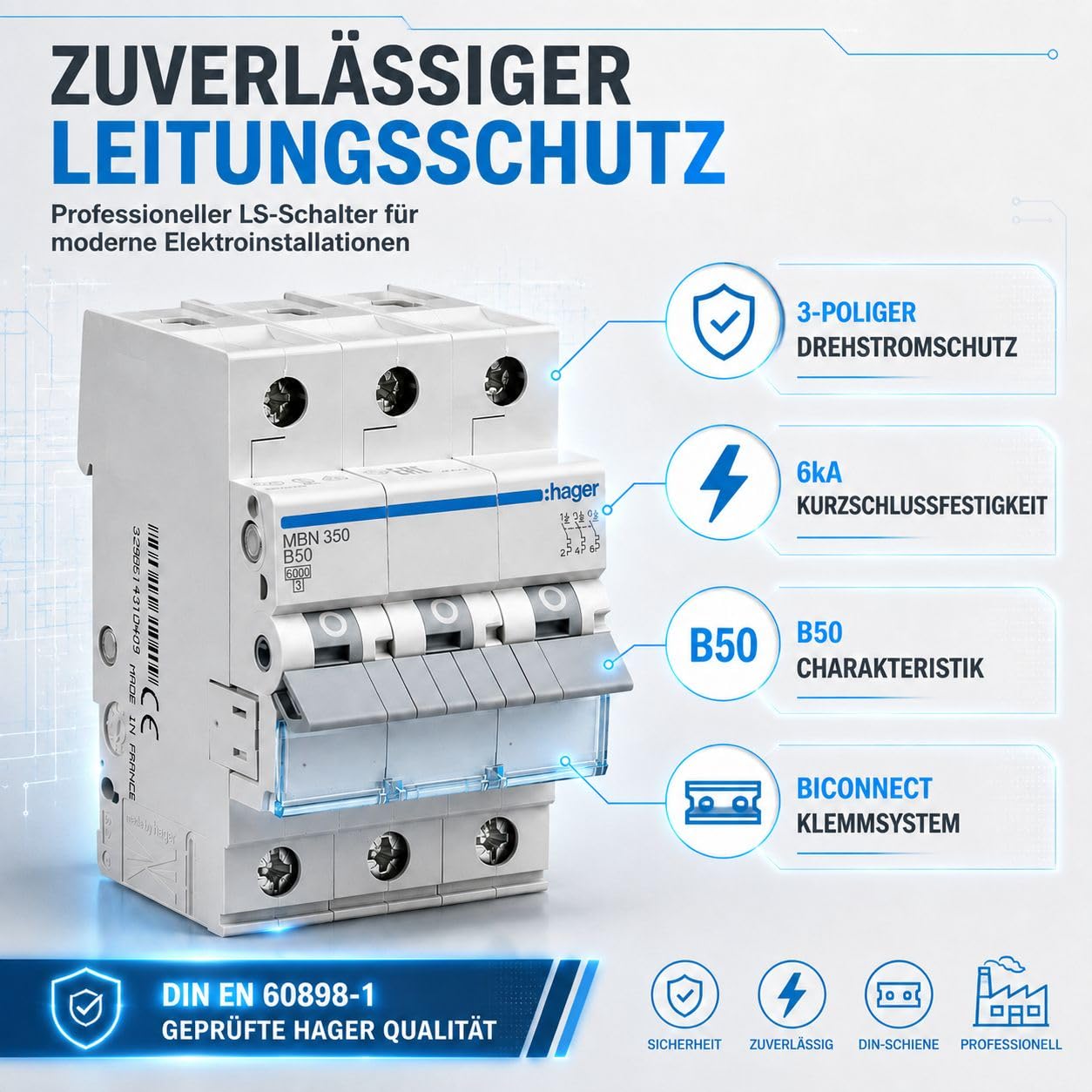 HAGER MBN350 Leitungsschutzschalter 3-polig B50A 6kA, Sicherungsautomat für Drehstrom, LS-Schalter 50A, biconnect Klemmsystem, DIN EN 60898-1, 230/400V, 3 Module