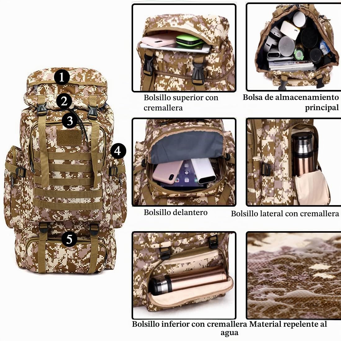 Mochila de senderismo 80 L, gran capacidad, impermeable, montañismo, senderismo, ejército, táctica, mochila de senderismo, mochila de viaje, 800D Oxford
