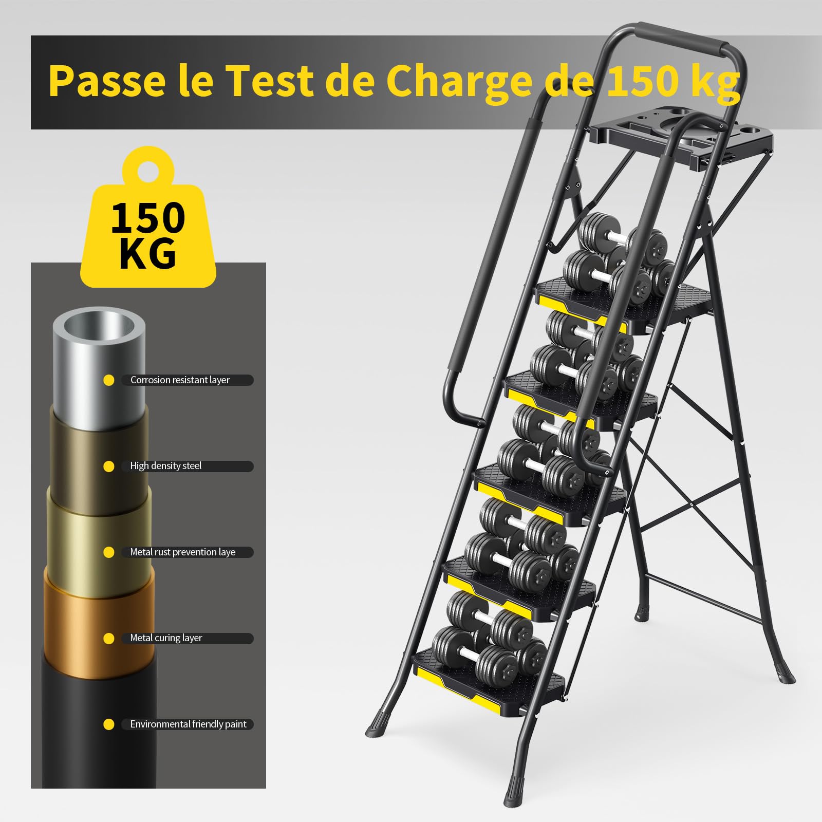 KINGRACK Escabeau 5 Marches avec Plateau à Outils et Large Pédale Antidérapante, Marche Pied Pliable avec Mains Courantes, Échelle Domestique pour Maison Cuisine Garde-Manger Placards et Bureau, Noir