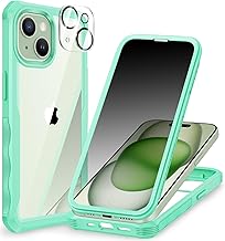 CENHUFO Privacy Cover iPhone 15 Plus, con Protezione Schermo Vetro Temperato Anti Spia e Pellicola Fotocamera [9H HD] 360 Gradi Antiurto Case Fronte Retro Doppia Custodia per iPhone 15 Plus -Verde