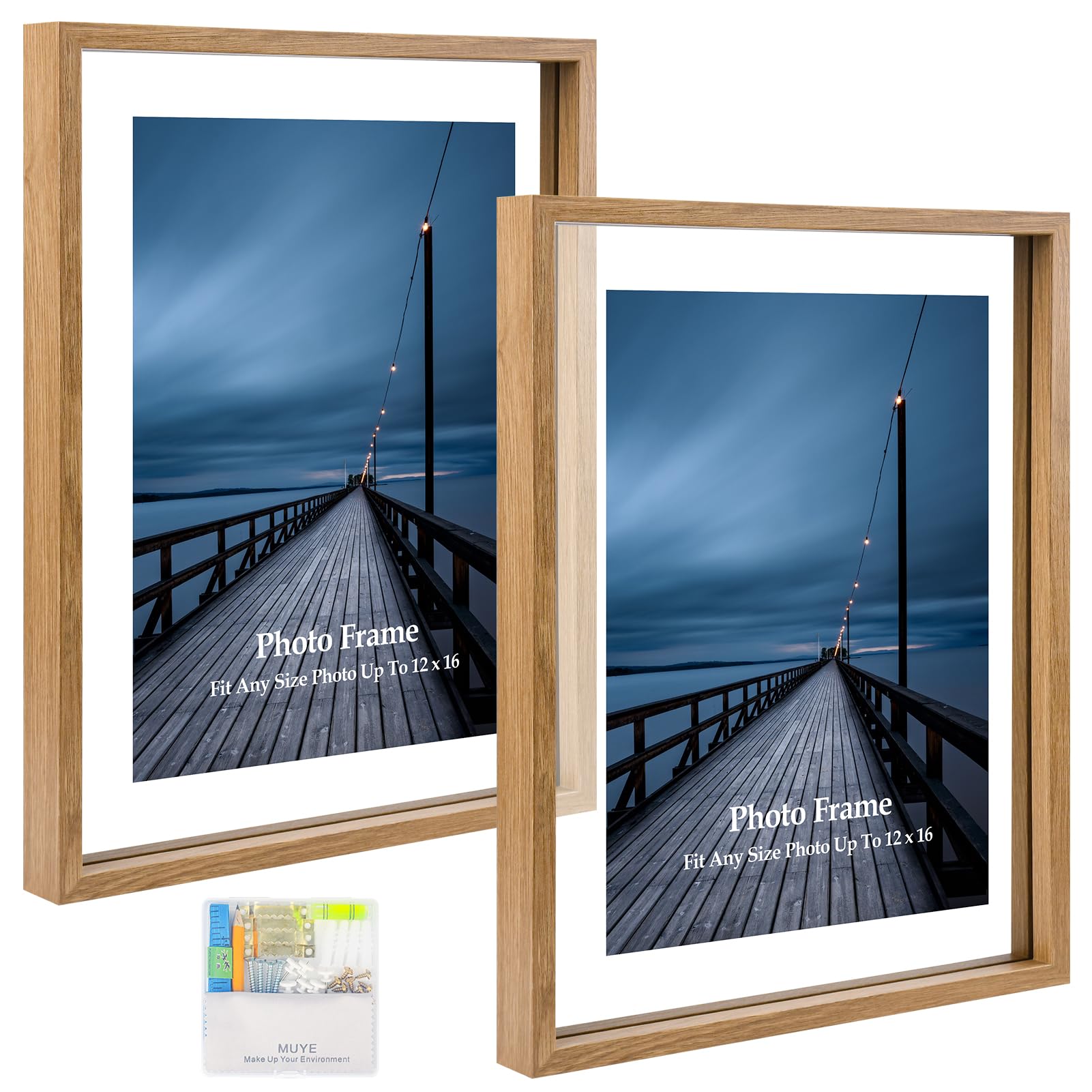Photo 1 of MUYE 12x16 Floating picture Frames Set of 2,Double Glass Frame,Display Any Size Photo up to 12x16,Wall Mount or Tabletop Standing,Natural