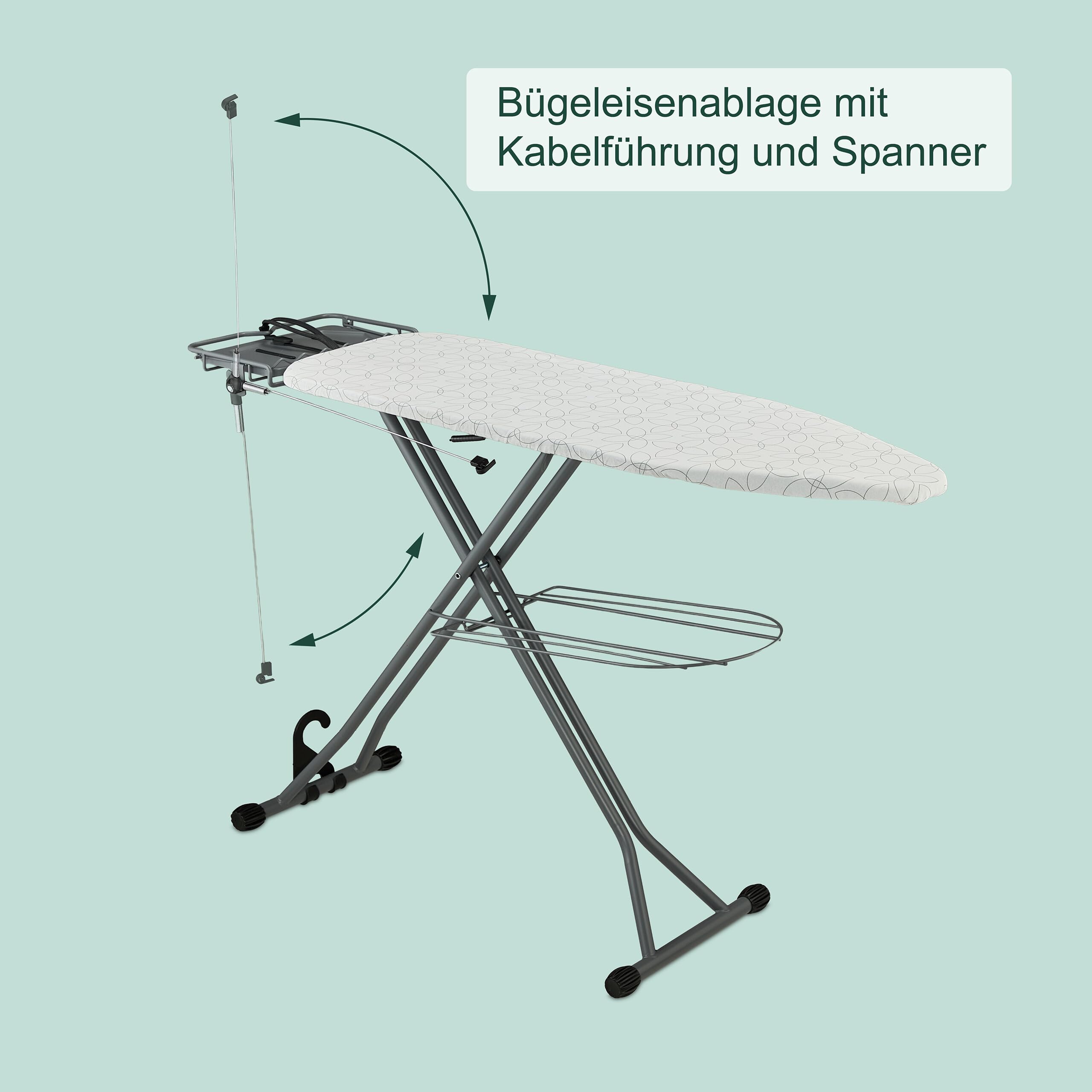 Relaxdays Bügelbrett für Dampfbügeleisen, 115 x 39 cm, höhenverstellbar, klappbar, Bügelstation & Ablage, weiß/Silber