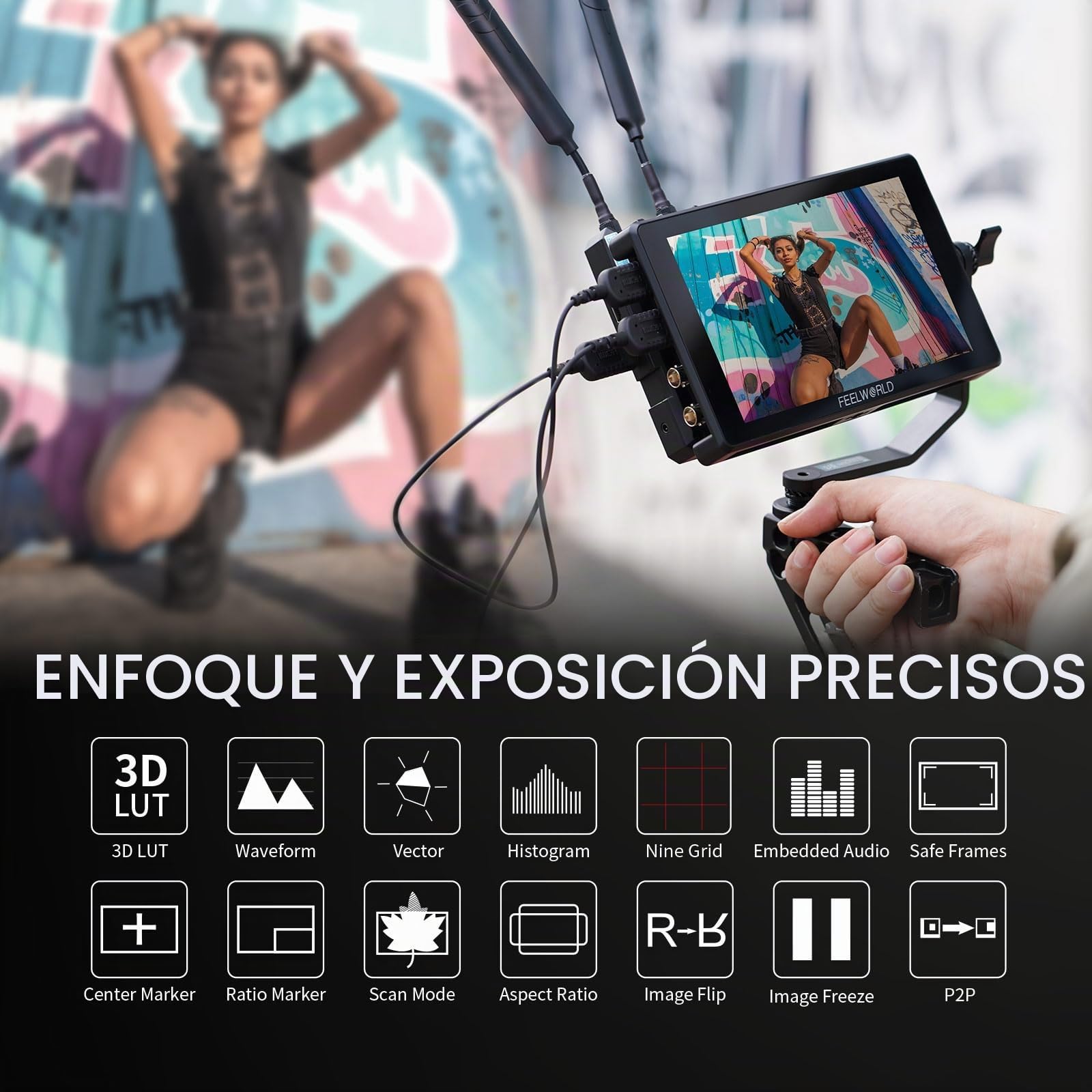 FEELWORLD SH7 7 Pulgadas DSLR Monitor de Campo Compatible con conversión Cruzada SDI HDMI y Salida 3D LUT con Forma de Onda táctil 2200 nits Brillo Ultra F970 Kit de instalación y alimentación