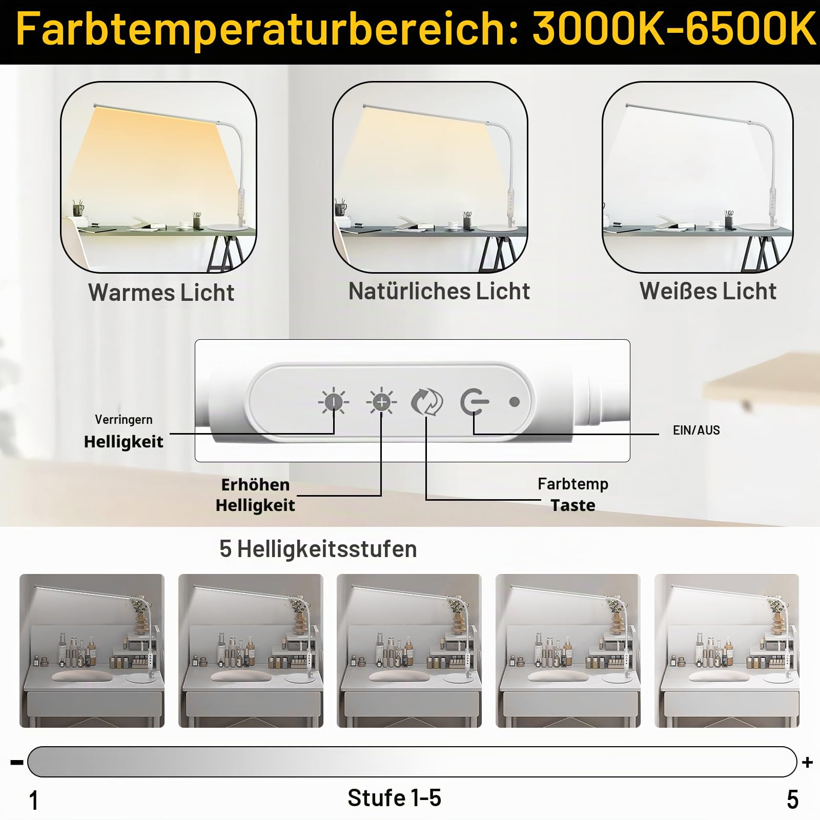 CGBE Extra-lange 60 cm Nageltischlampe LED Dimmbare Tischlampe für Maniküre