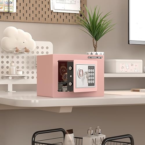 Miniatura 2 de Caja fuerte para efectivo, 0.23 pies cúbicos, caja fuerte rosa para dinero, pequeña caja de seguridad ignífuga para oficina en casa, bonita caja de