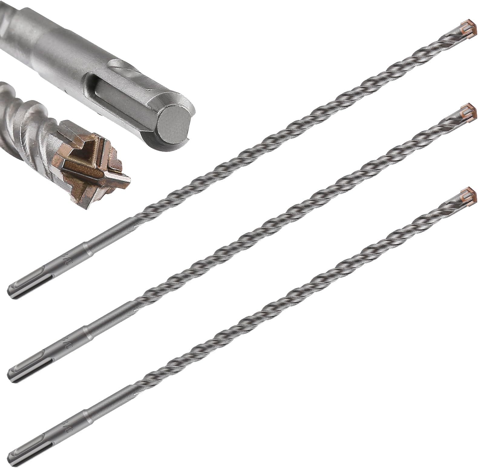 Concrete Drill Bit Lengthening 3pcs 3/8" X 12"-10" Cross-Type Double Thread Carbide Material Suitable for Brick, Cement Walls, Stone, Extra Long Hammer Drill Bits