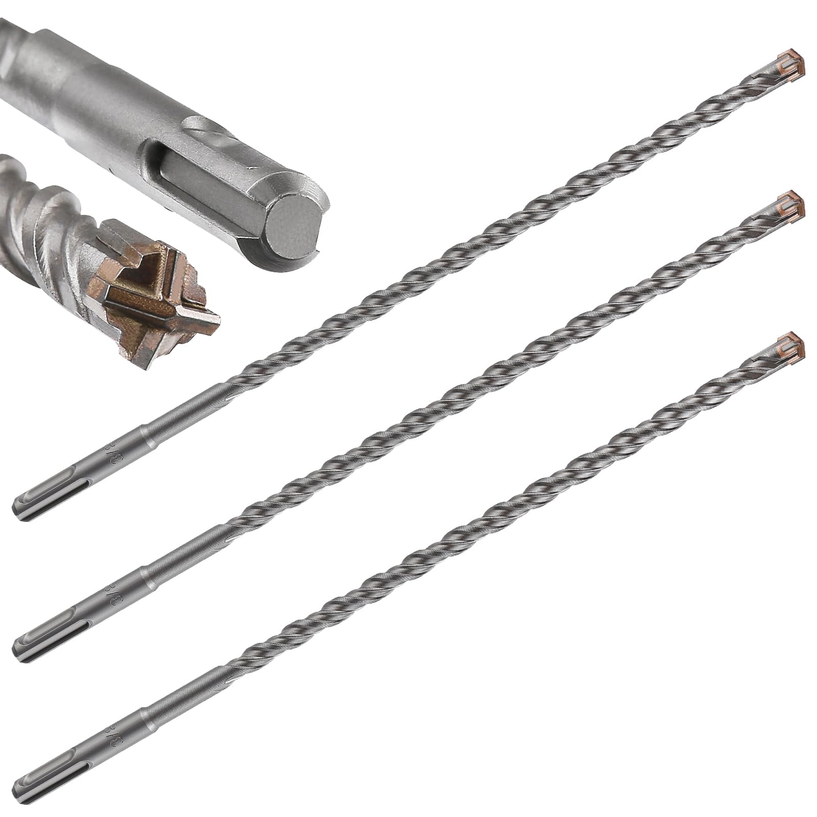 Concrete Drill Bit Lengthening 3pcs 3/8" X 12"-10" Cross-Type Double Thread Carbide Material Suitable for Brick, Cement Walls, Stone, Extra Long Hammer Drill Bits