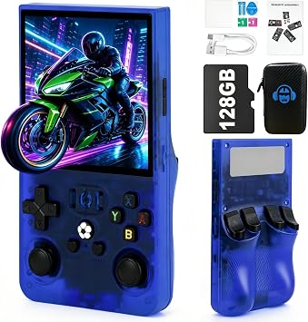 R36MAX Handheld Game Console - 4.0-Inch Screen, Support 22000+Classic Games,128G TF Card,Portable Console with Open Source System,4000mAh Battery,Birthday Gift for Adult or Partner - Blue