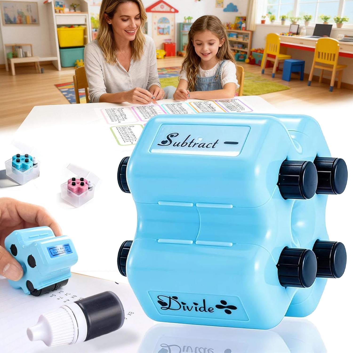 4 in 1 Math Roller Stamp Set - Addition Subtraction Multiplication Division Practice Tool, Reusable Math Stamp Roller for Kids; Refillable Roller Digital Teaching Stamp for Classroom Home Use (Blue)
