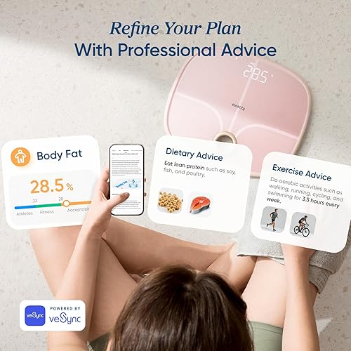 Miniatura 3 de Etekcity Báscula inteligente rosa recargable para peso corporal, IMC, grasa, masa muscular, báscula de baño digital con 13 métricas, modo secreto,