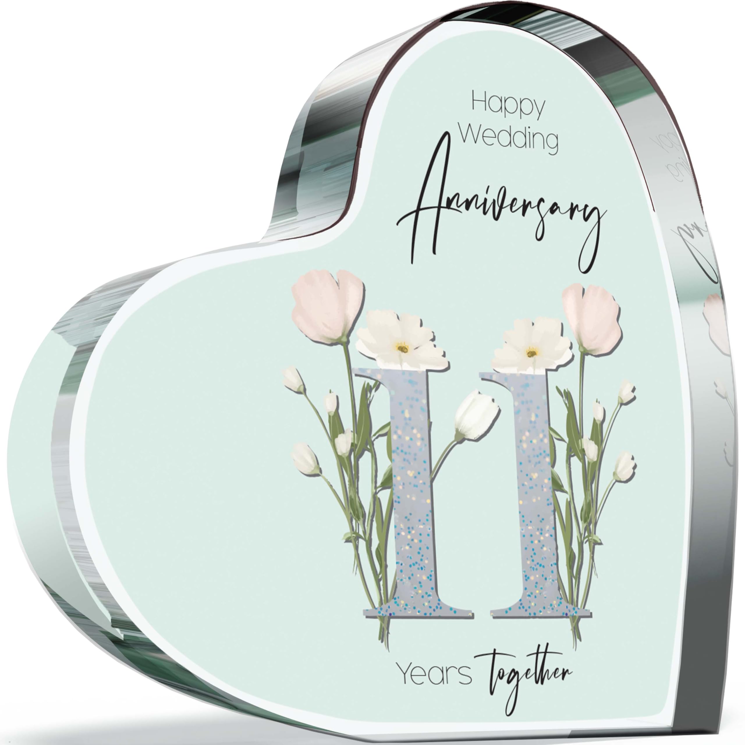 Giftzie Women's 11 Th Anniversary Plaque Gifts For Wife Husband - Years Together - I Love You Romantic Acrylic Heart Gift For Men, 100Mm Floral Present For Couples Eleventh Anniversaries