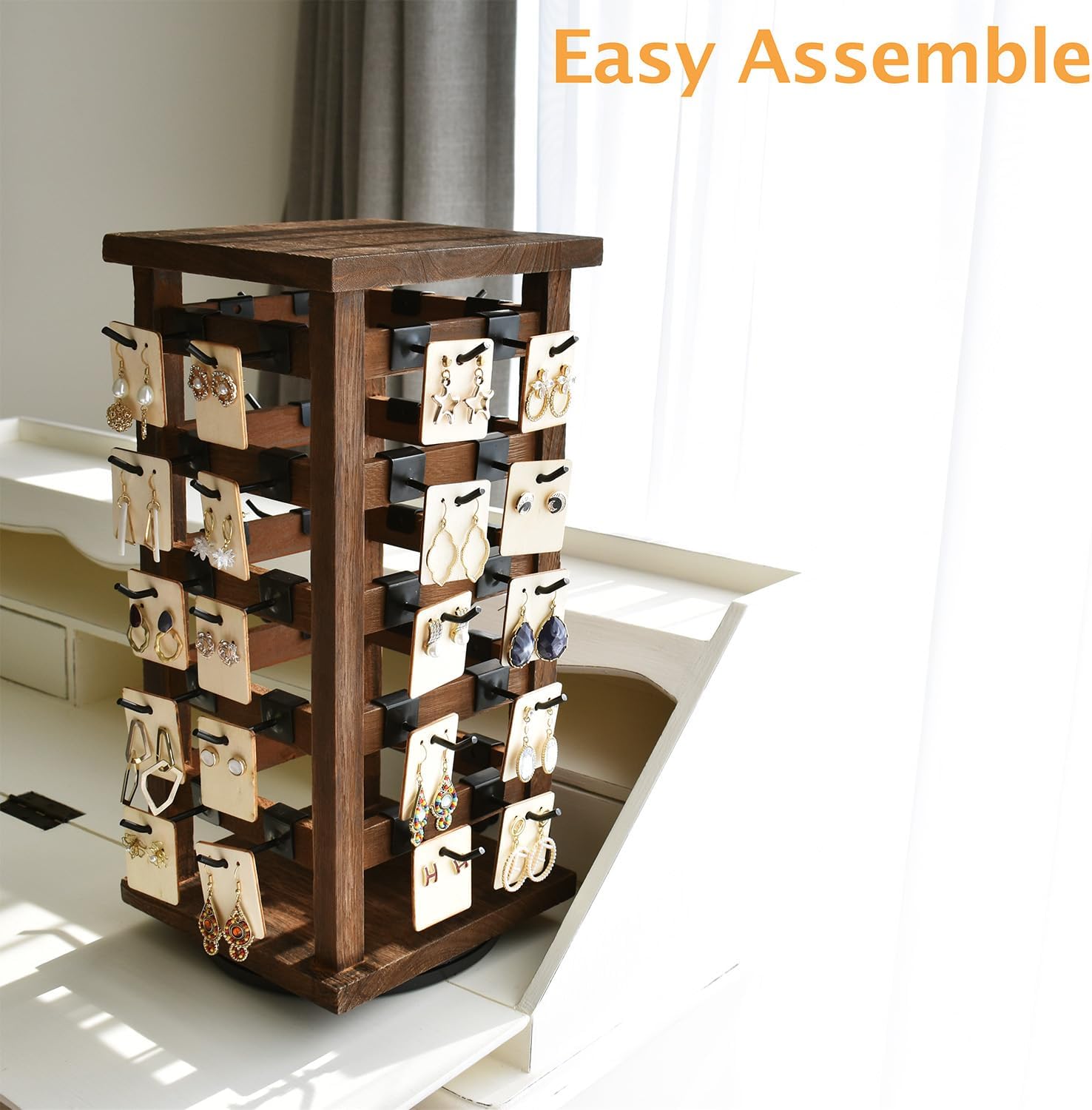 Ikee Design 5 Tiers Easy Assemble Wood Rotating Jewelry Display Tower with 42 Removable Hooks,Spinning Earring Card Storage Display Stand for Store, Showcase, Tradeshow and Home,Brown Color