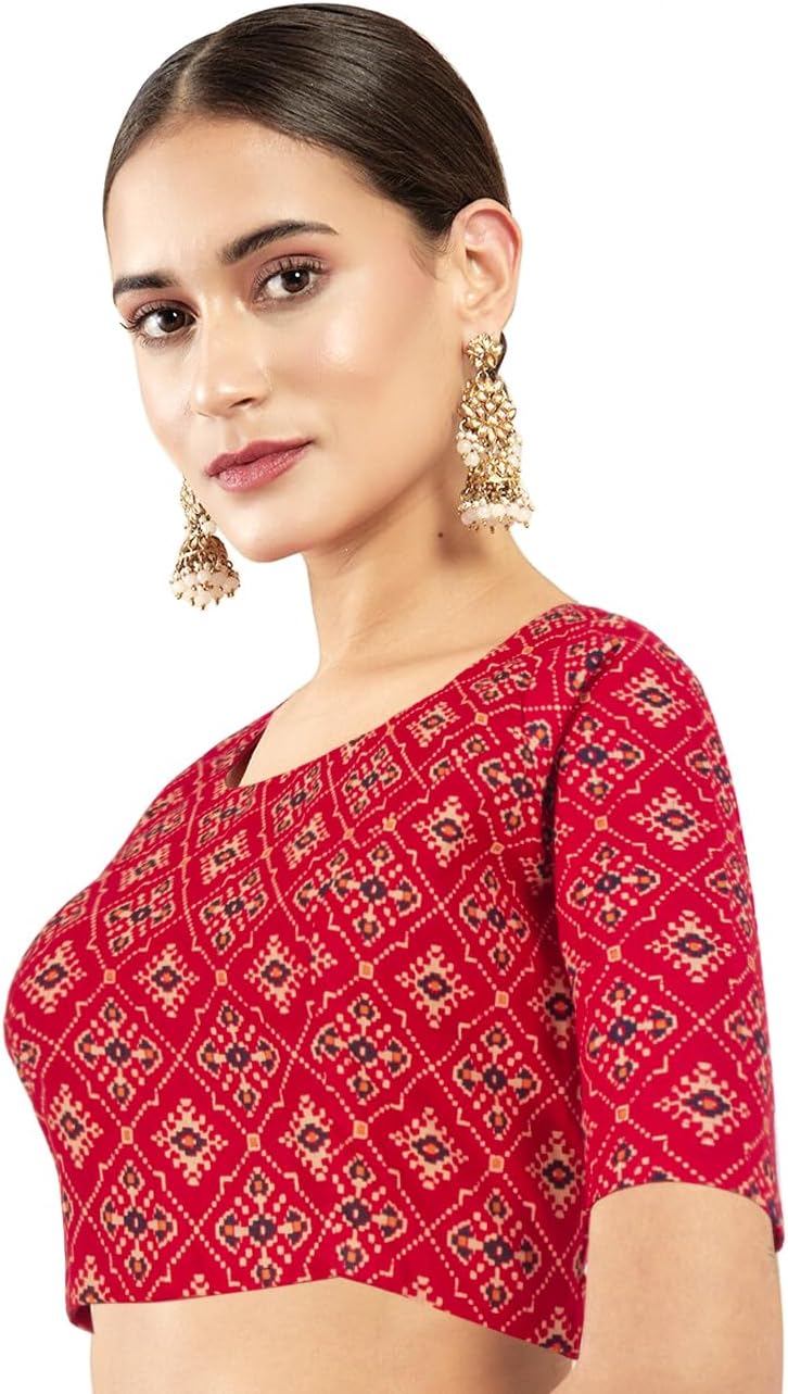Chandrakala Cotton Printed Blouses for Women Sarees, Elbow Sleeves Ajrakh Print Crop top Choli (B223-P) - Image 2