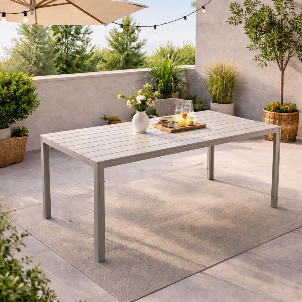 IlGruppone Tavolo da Esterno 154x78 cm Acciaio Inox HDPE Effetto Legno 6/8 Posti Beige