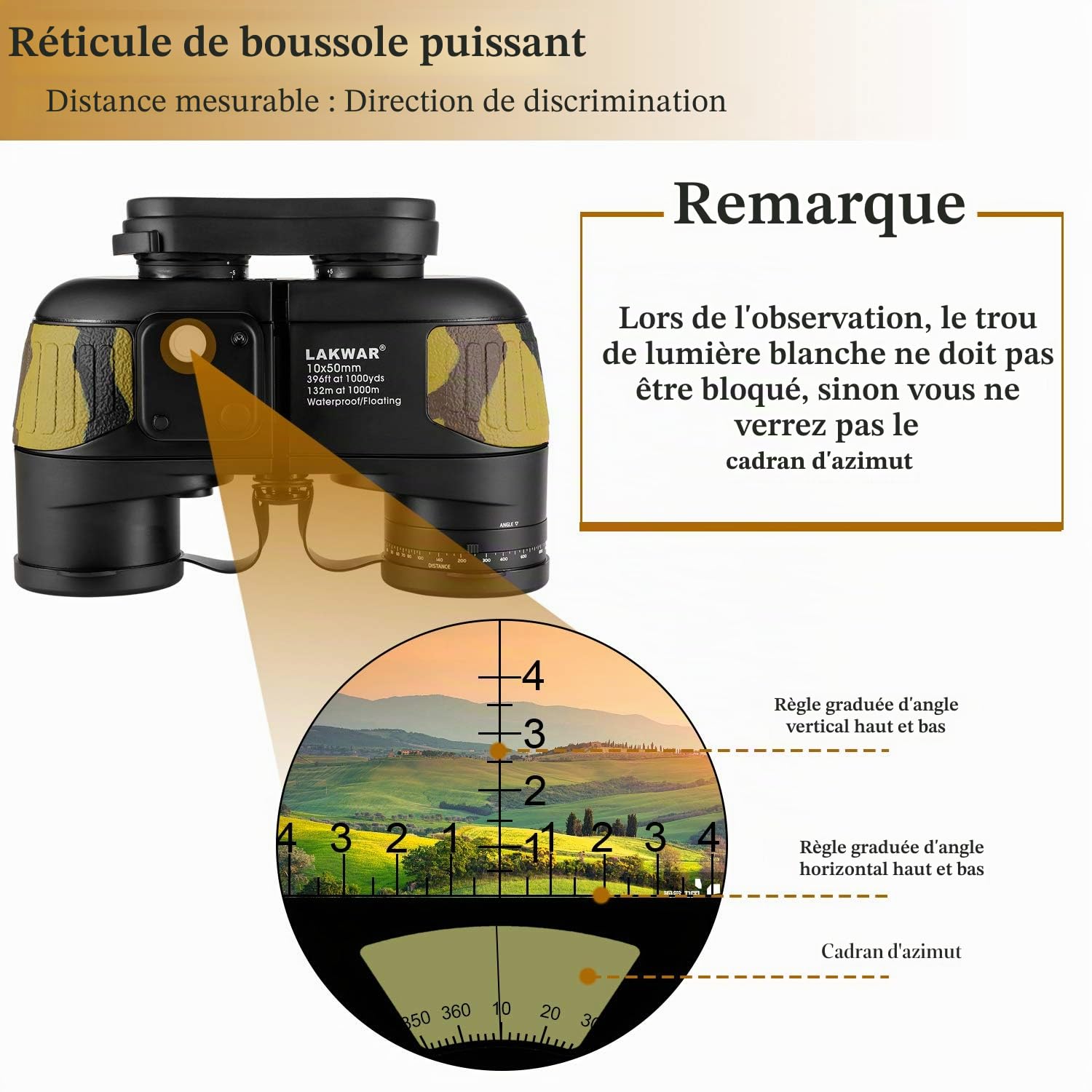 LAKWAR Jumelles Marines compactes 10 x 50 pour Adultes avec télémètre, Boussole de Haute qualité, Prisme BAK4, étanche, antibuée pour l'observation des Oiseaux, la Chasse
