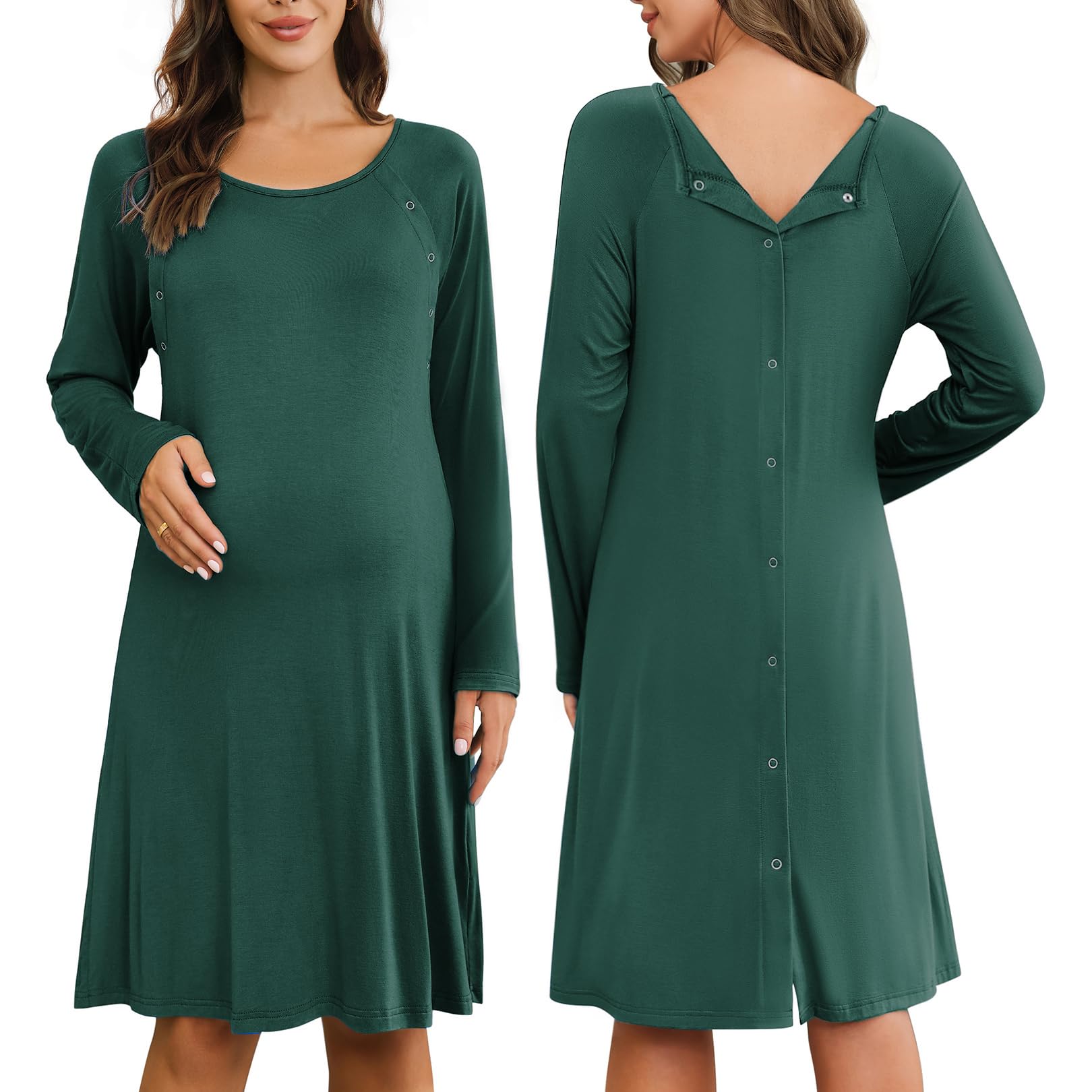 Ekouaer Camisón de maternidad para mujer, vestido de lactancia con botones, manga larga, para el hospital, para lactancia, con botones