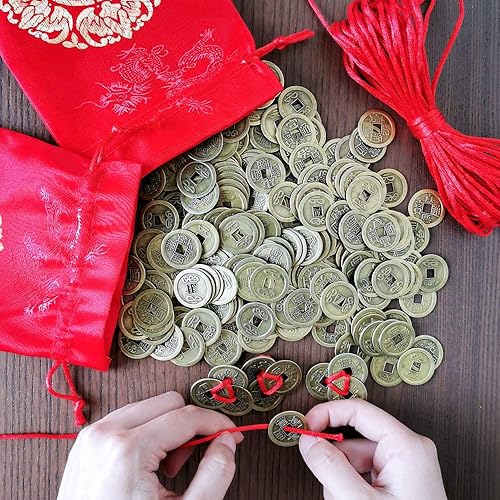 Miniatura 3 de 260 piezas de monedas chinas de la suerte Feng Shui decoraciones para buena fortuna y suerte con bolsa – Año Nuevo lunar asiático 2025 Año de la