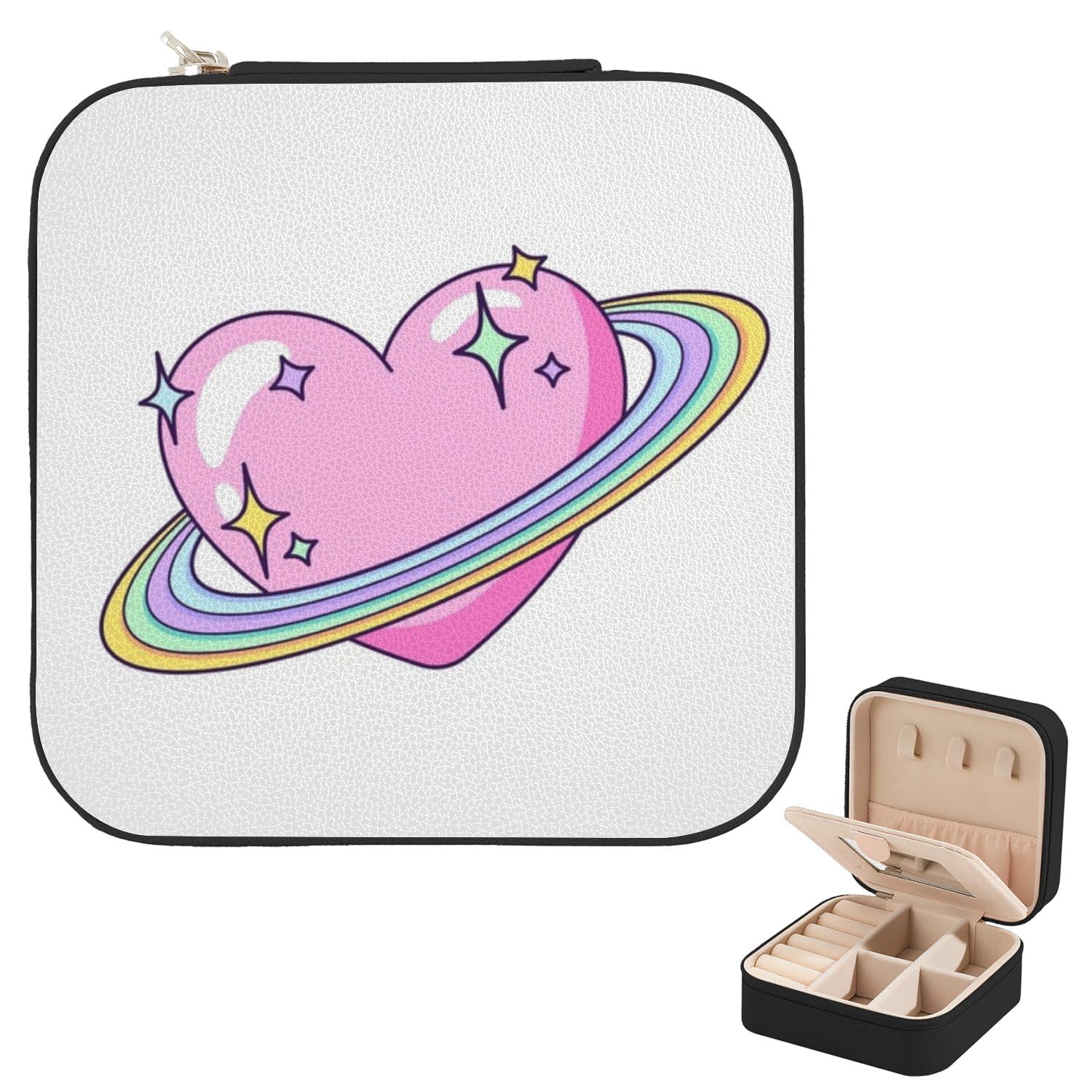 Valentines Day Pink Dreamy Heart Earring Holder Organizer With Mirror Bag Organizer Pouches Black Stash Box Square Travel