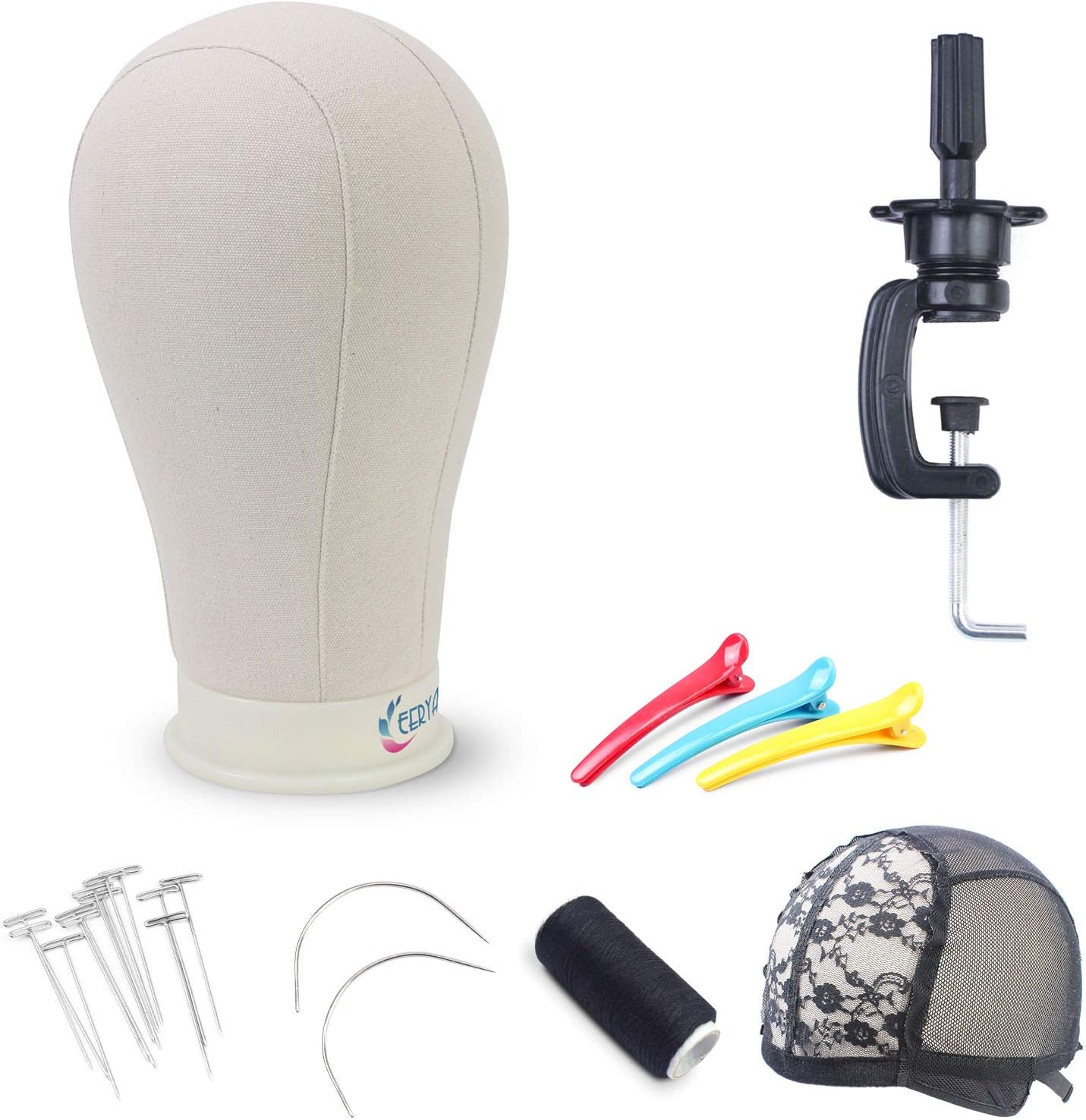 Eerya 21-24Inch Canvas Block Head Set for Wig Display Making Hair Weave and Styling Mannequin Head with Mount Hole (Canvas head + 10PCS T-pins + Head Stand 23.5 inch)