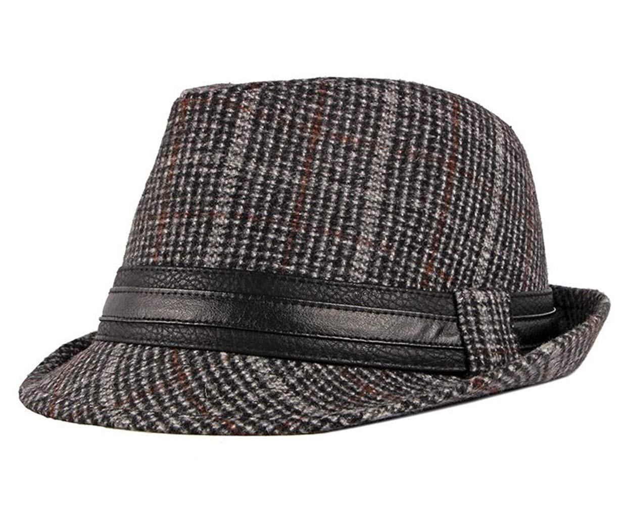 Chennuo Men's Black Winter Plaid Fedora Hats Jazz Cap Retro Style Trilby Gentleman Hat (Black)